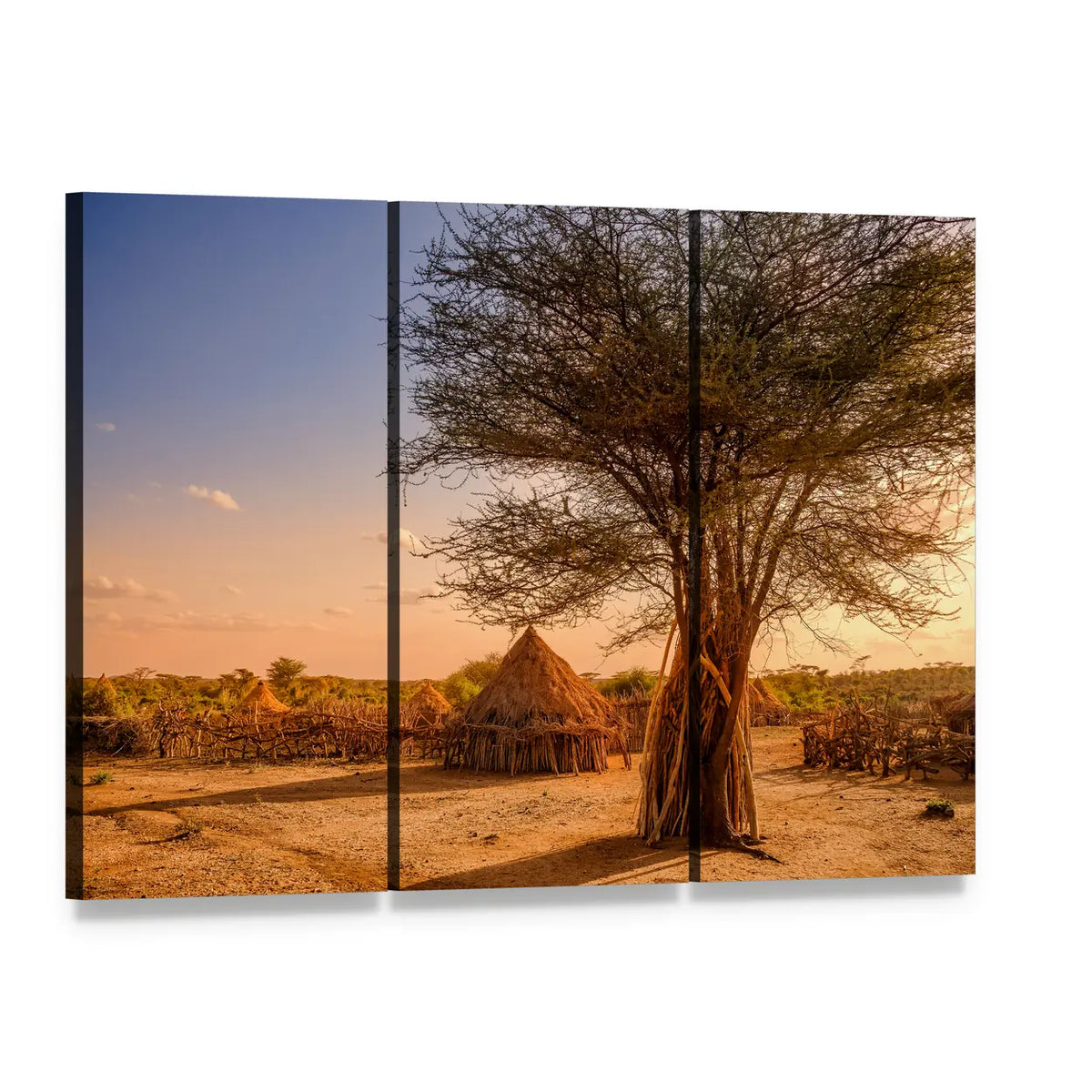Thatched Huts and Acacia at Sunset Canvas Wall Art, 3 panel 3 Horizontal layout gallery wrapped canvas set, angled product view