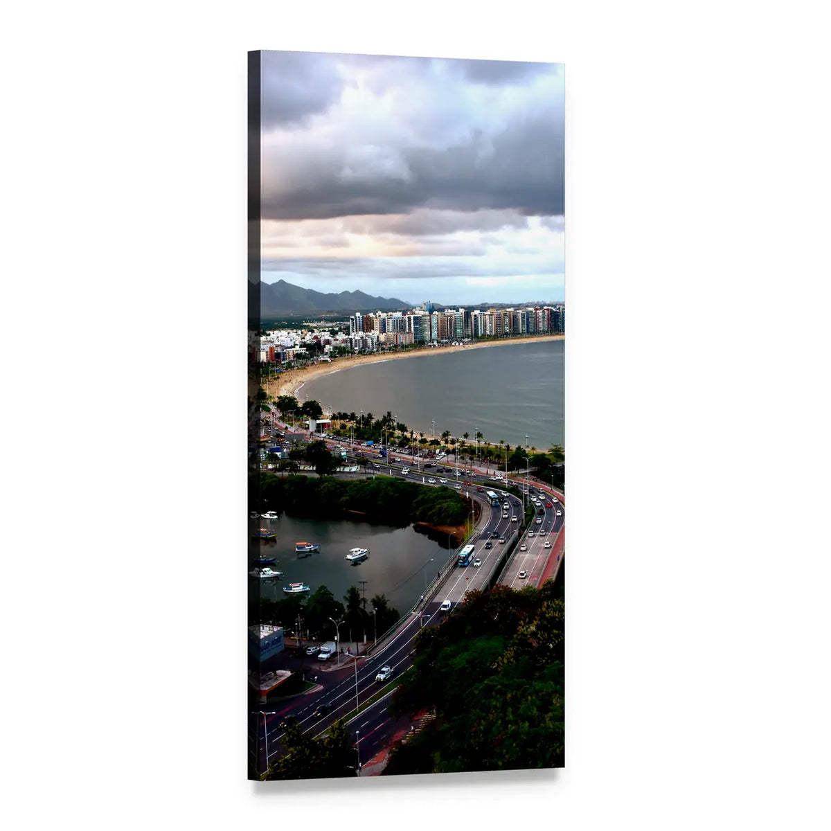 Cloudy Coastal Skyline with Bridge Vertical Canvas Wall Art, 1 panel 1 Vertical layout gallery wrapped canvas set, angled product view