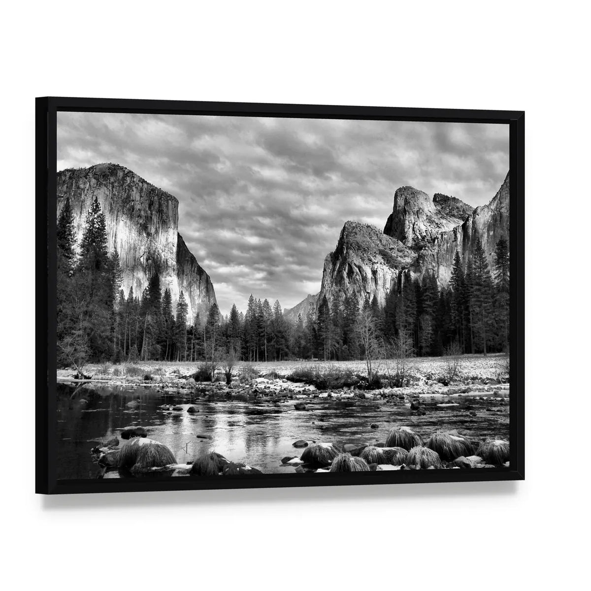 Yosemite Park In California Canvas Wall Art, framed canvas in a black floater frame, angled product view