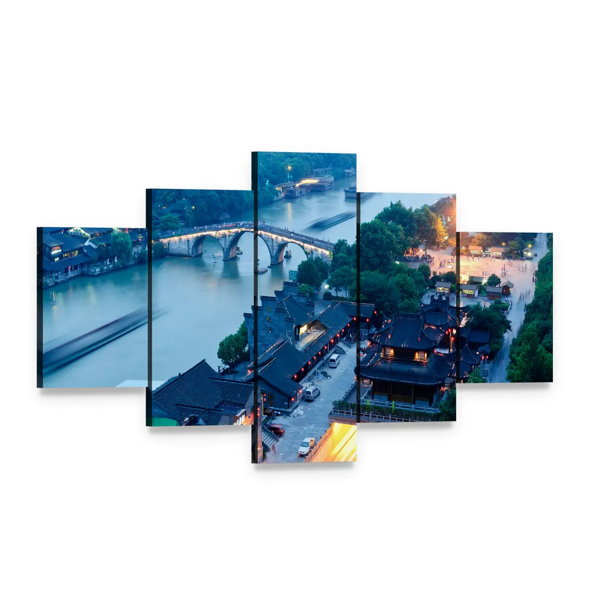 Gongchen Bridge at Dusk Canvas Wall Art, 5 panel 5 Star layout gallery wrapped canvas set, angled product view