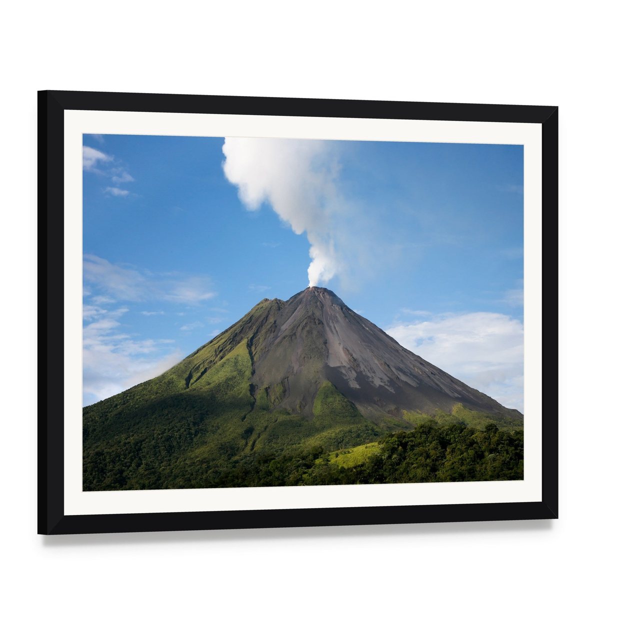 Arenal Volcano Costa Rica Canvas Wall Art, framed print with white mat and black frame, angled product view