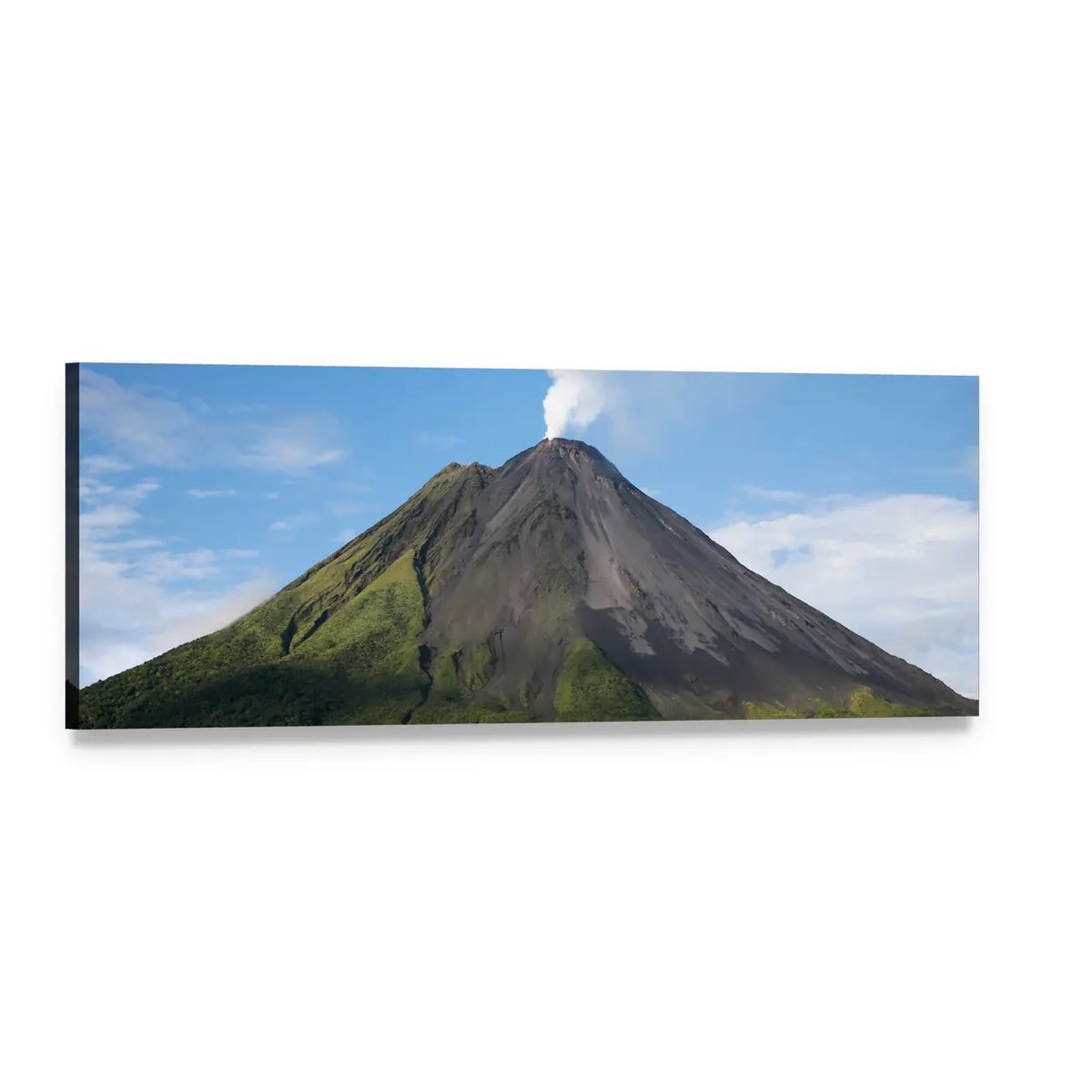 Arenal Volcano with Smoke Plume Panoramic Canvas Wall Art, single panel gallery wrapped canvas, angled product view