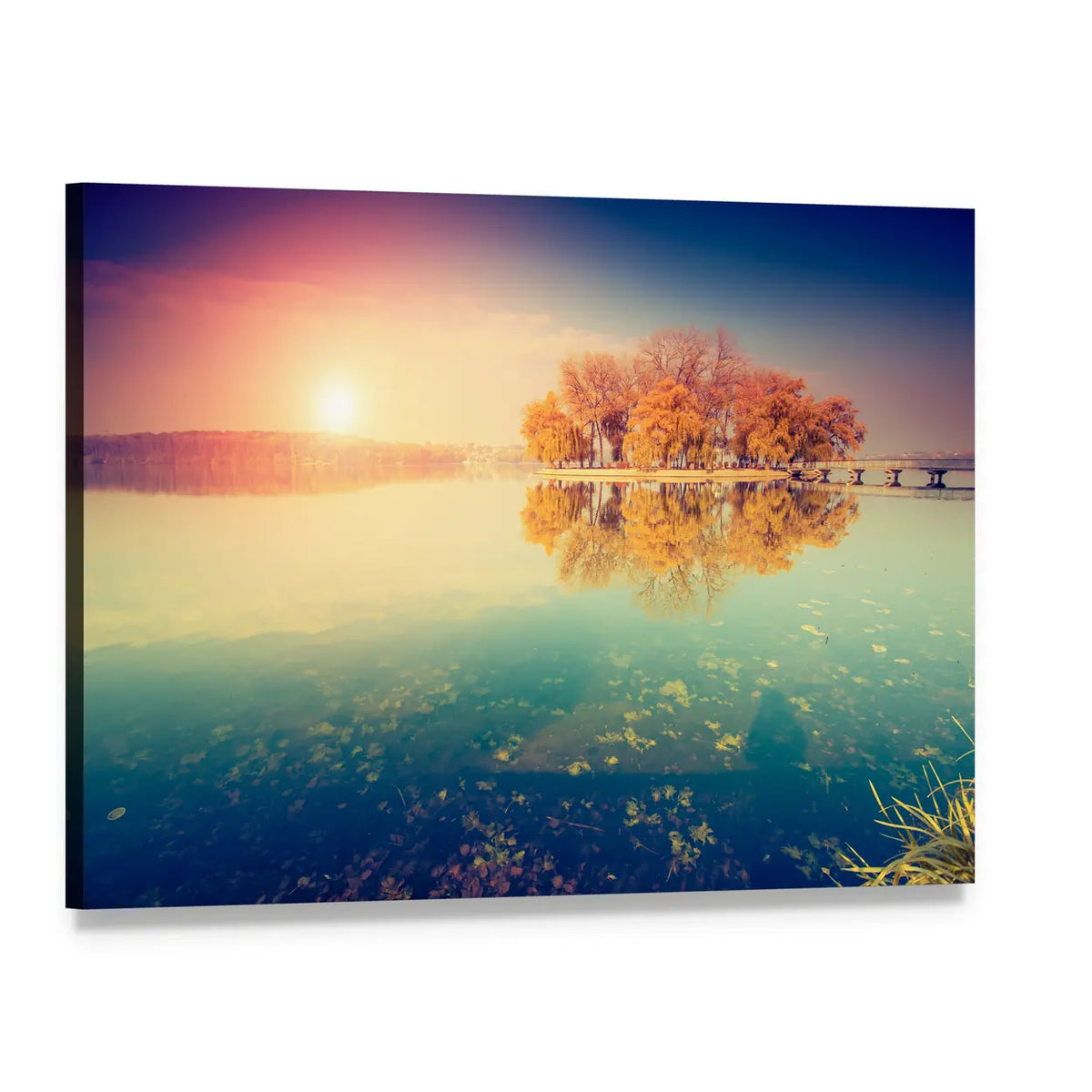 Autumn Sunset Over Island Lake Canvas Wall Art, single panel gallery wrapped canvas, angled product view