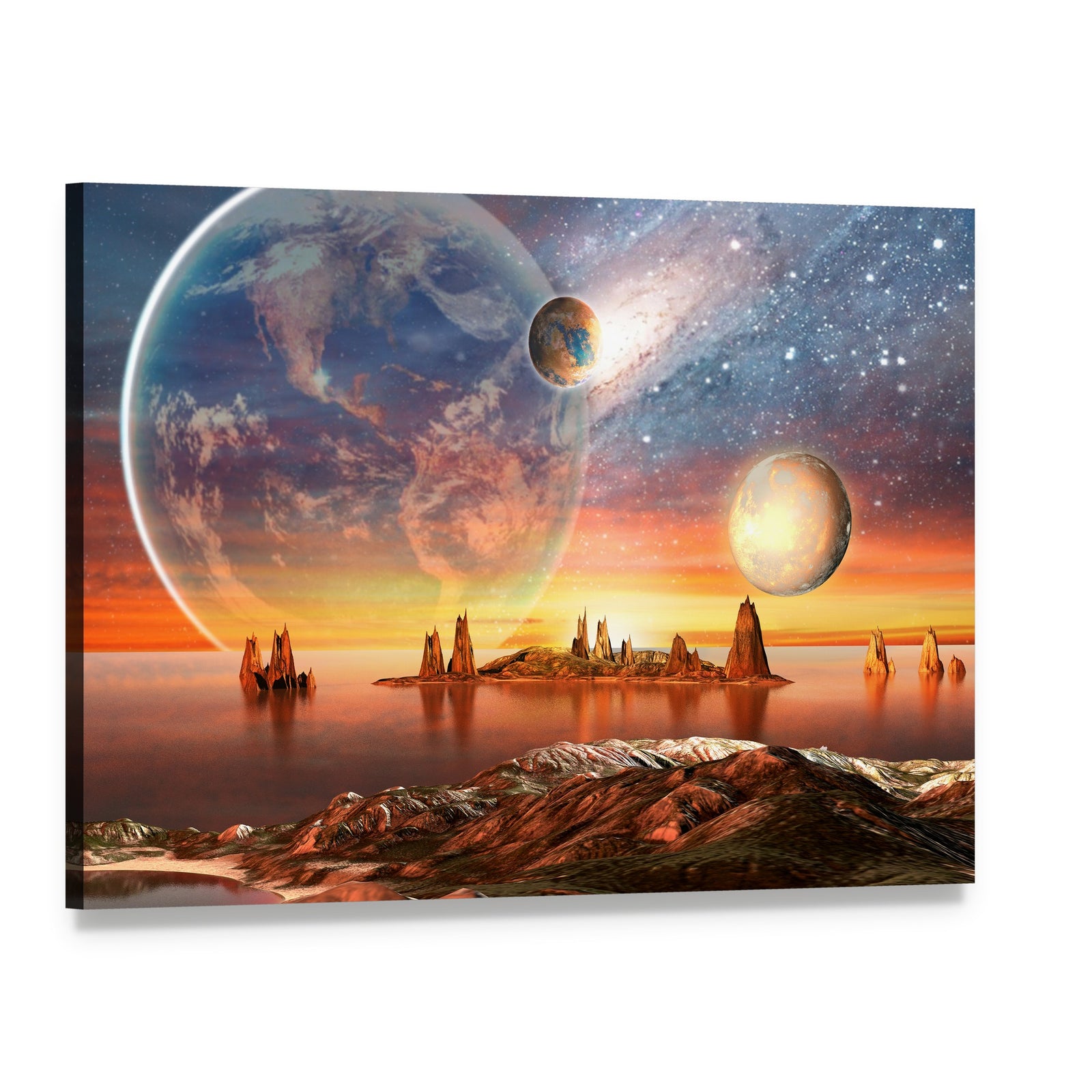 Alien Planet with Mountains Canvas Wall Art, single panel gallery wrapped canvas, angled product view