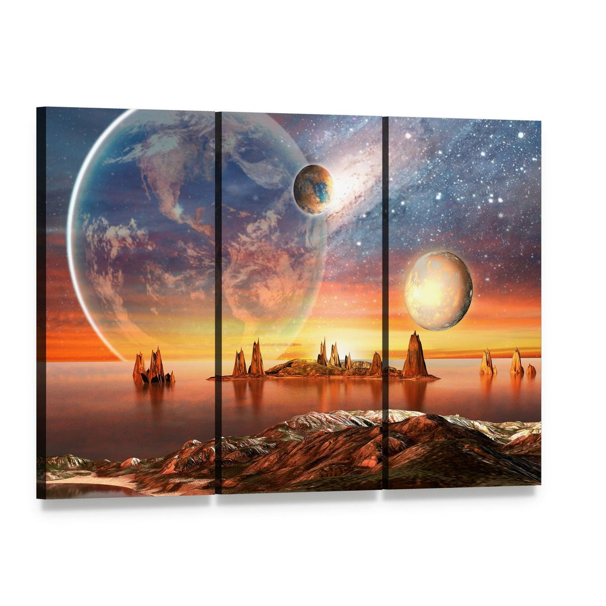 Alien Planet with Mountains Canvas Wall Art, 3 panel 3 Horizontal layout gallery wrapped canvas set, angled product view