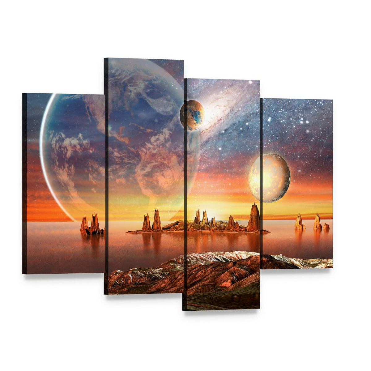 Alien Planet with Mountains Canvas Wall Art, 4 panel 4 Pop layout gallery wrapped canvas set, angled product view