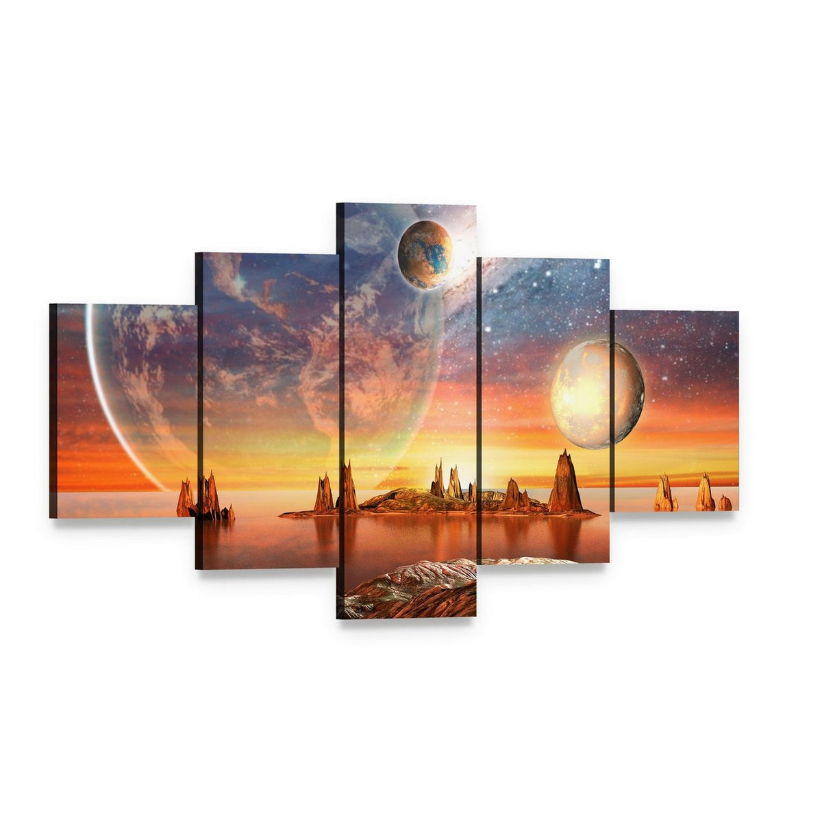 Alien Planet with Mountains Canvas Wall Art, 5 panel 5 Star layout gallery wrapped canvas set, angled product view