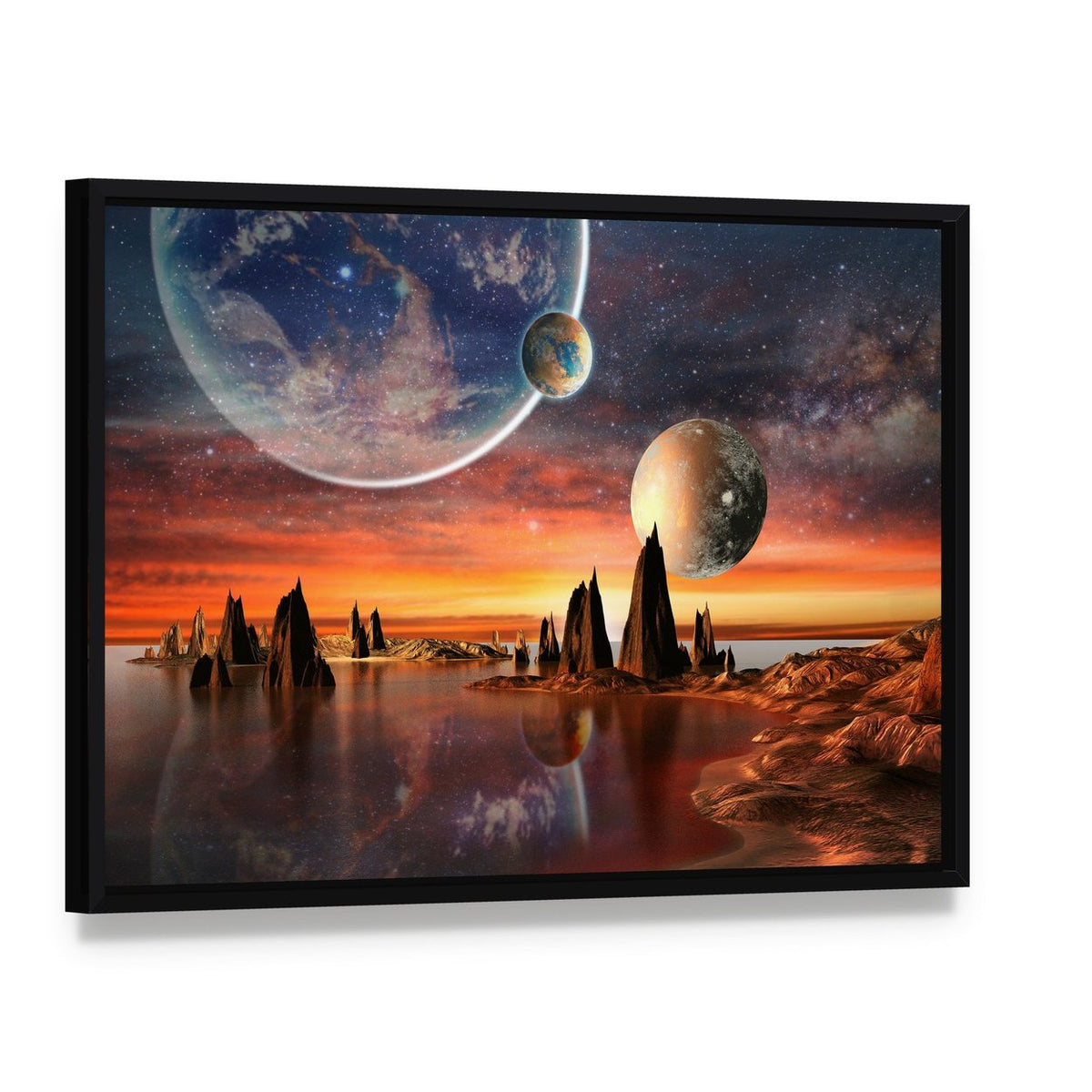 Alien Planet with Mountains Canvas Wall Art, framed canvas in a black floater frame, angled product view
