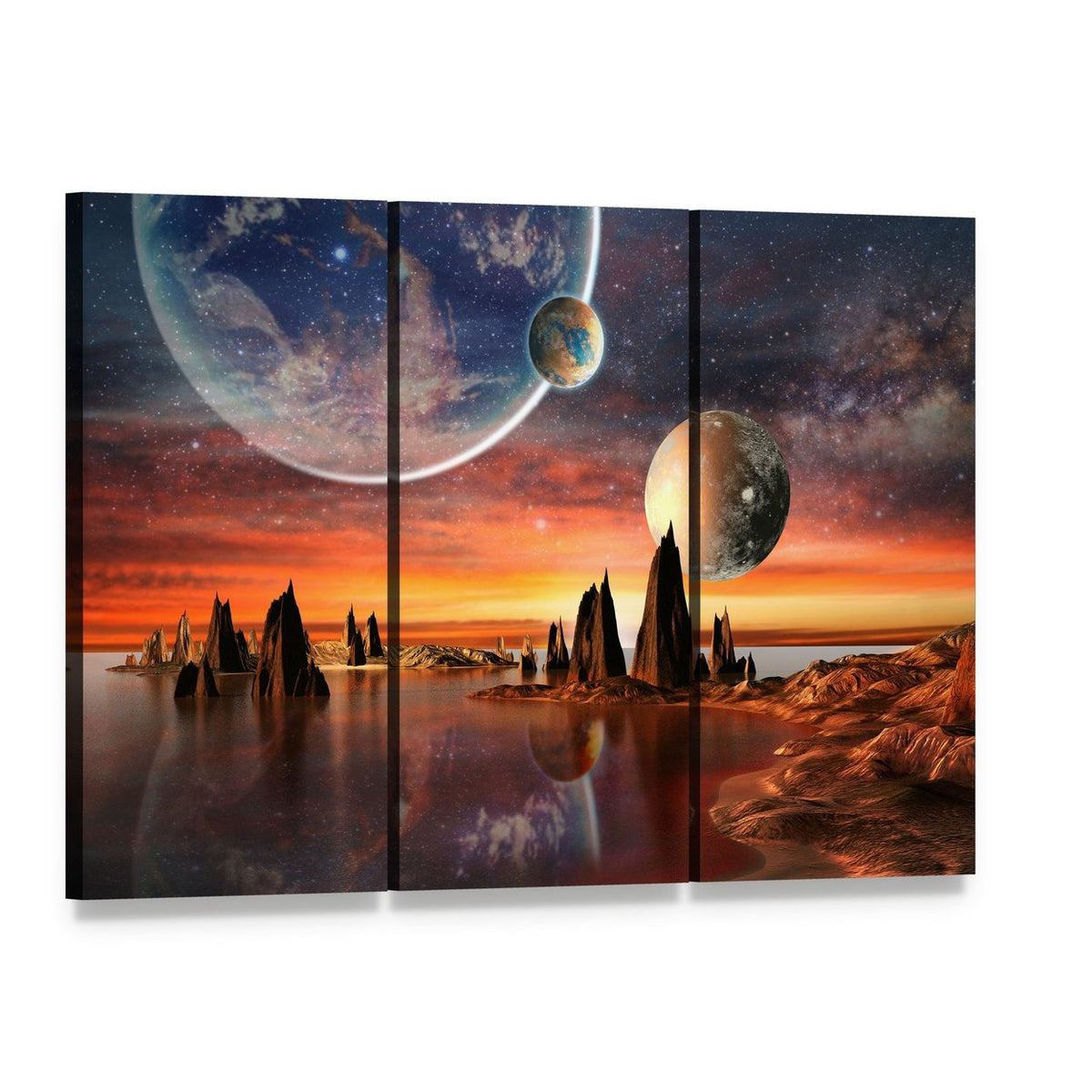 Alien Planet with Mountains Canvas Wall Art, 3 panel 3 Horizontal layout gallery wrapped canvas set, angled product view