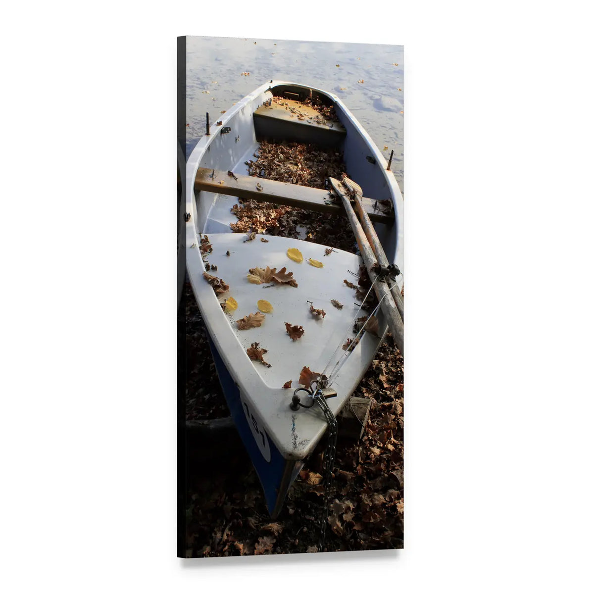 Paddle Boat in Fall Foliage Vertical Canvas Wall Art, 1 panel 1 Vertical layout gallery wrapped canvas set, angled product view