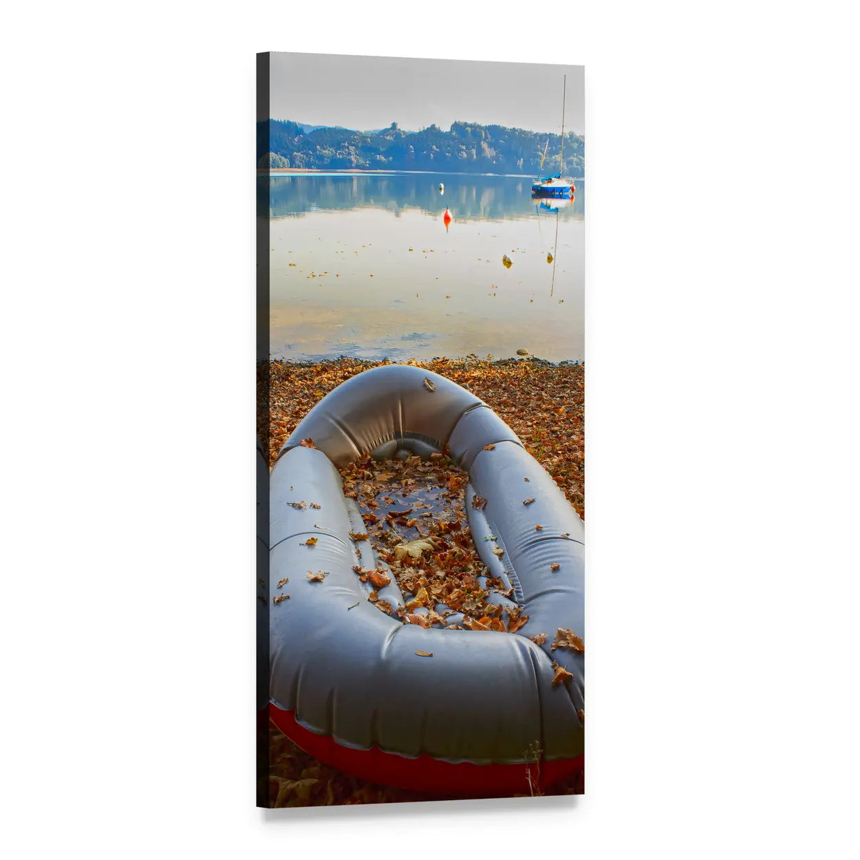 Inflatable Boat on Autumn Lake Vertical Canvas Wall Art, 1 panel 1 Vertical layout gallery wrapped canvas set, angled product view