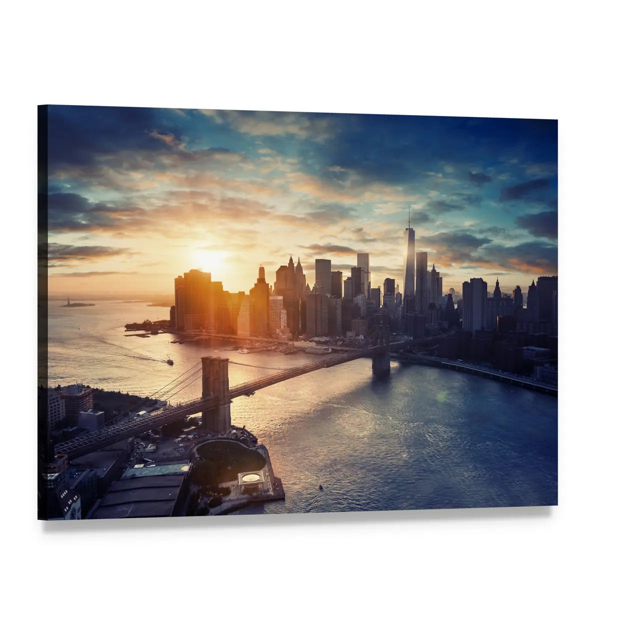 Manhattan Sunrise Over Brooklyn Bridge Canvas Wall Art, single panel gallery wrapped canvas, angled product view