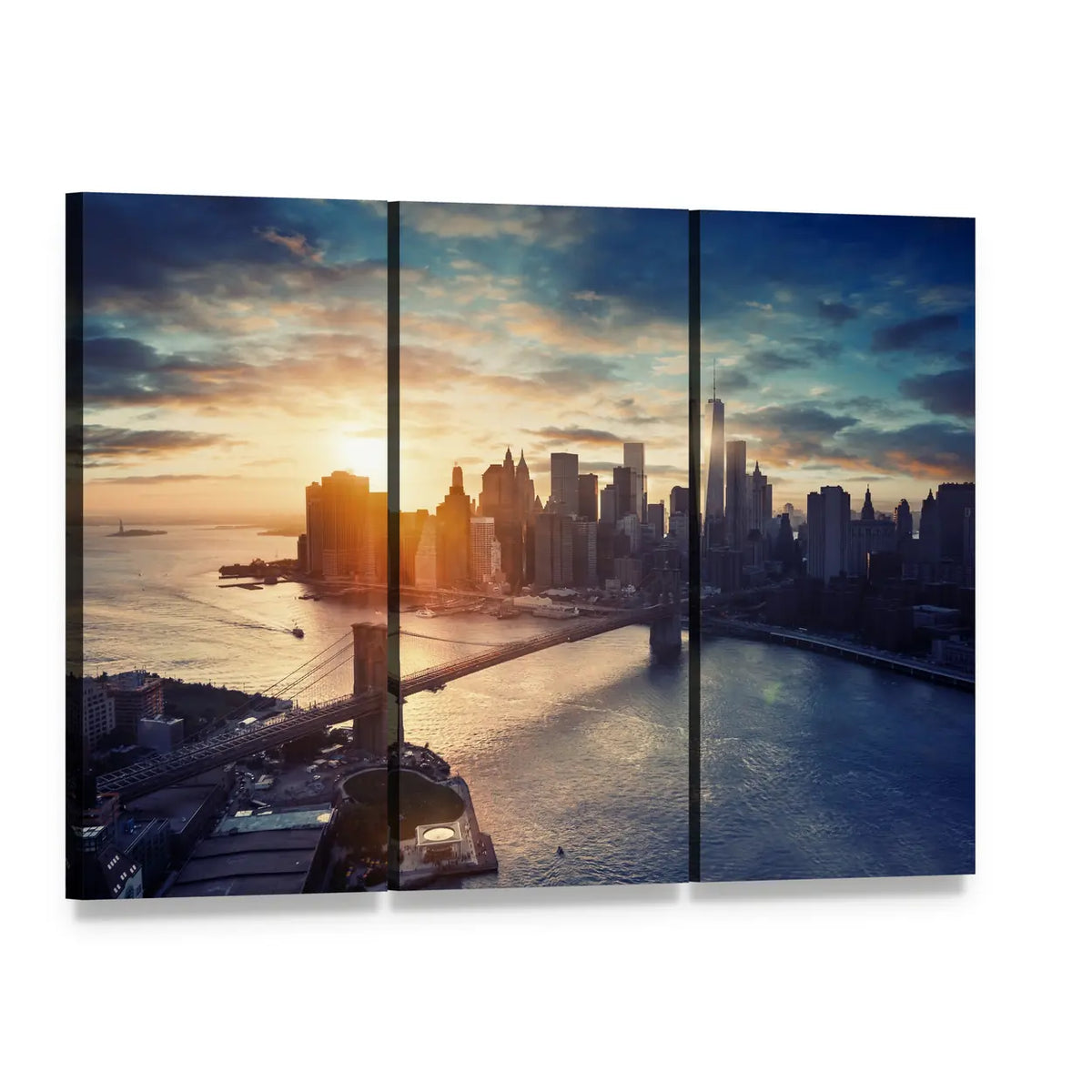 Manhattan Sunrise Over Brooklyn Bridge Canvas Wall Art, 3 panel 3 Horizontal layout gallery wrapped canvas set, angled product view