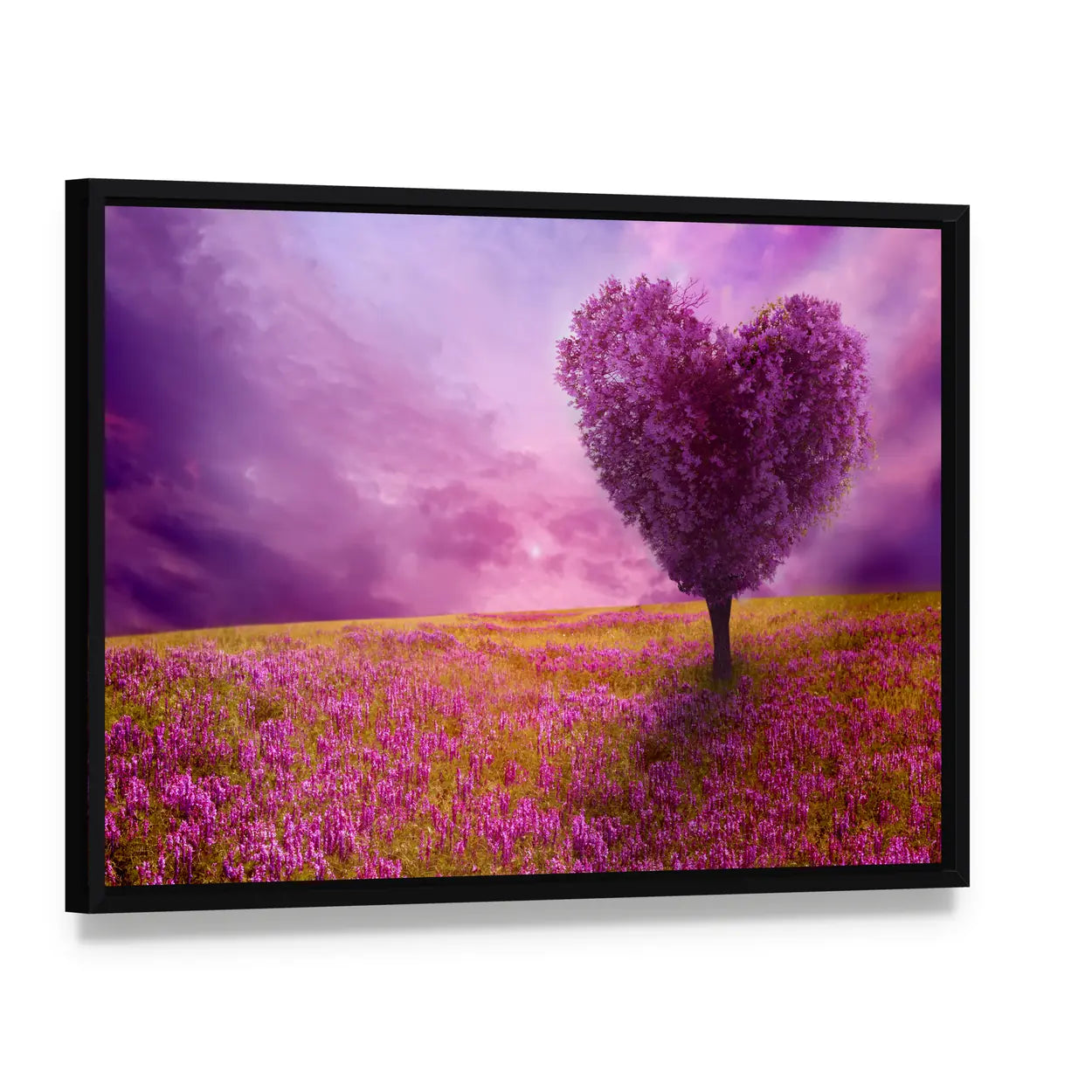 Tree of Love in Spring Canvas Wall Art, framed canvas in a black floater frame, angled product view