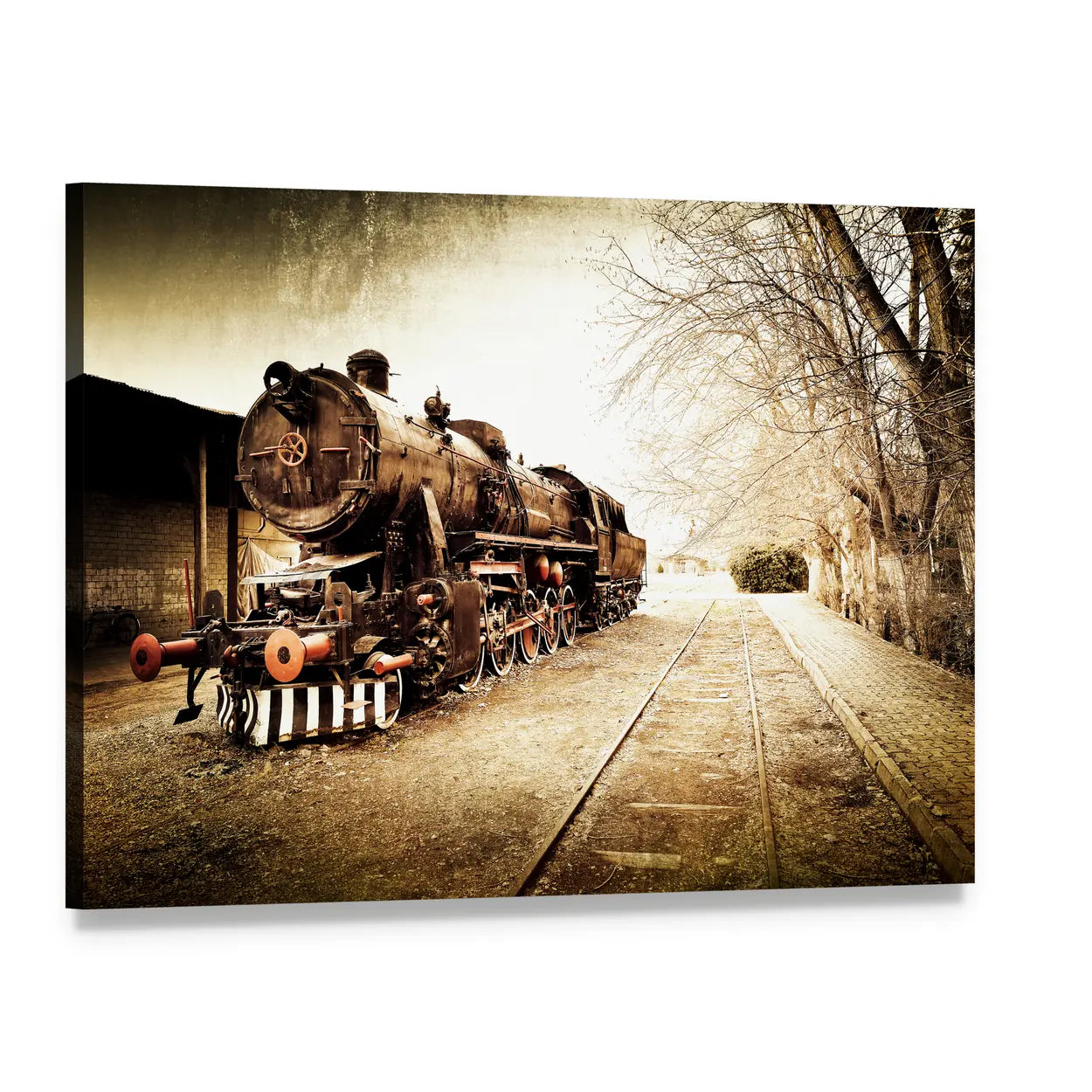 Antique Steam Locomotive in Sepia Canvas Wall Art, single panel gallery wrapped canvas, angled product view