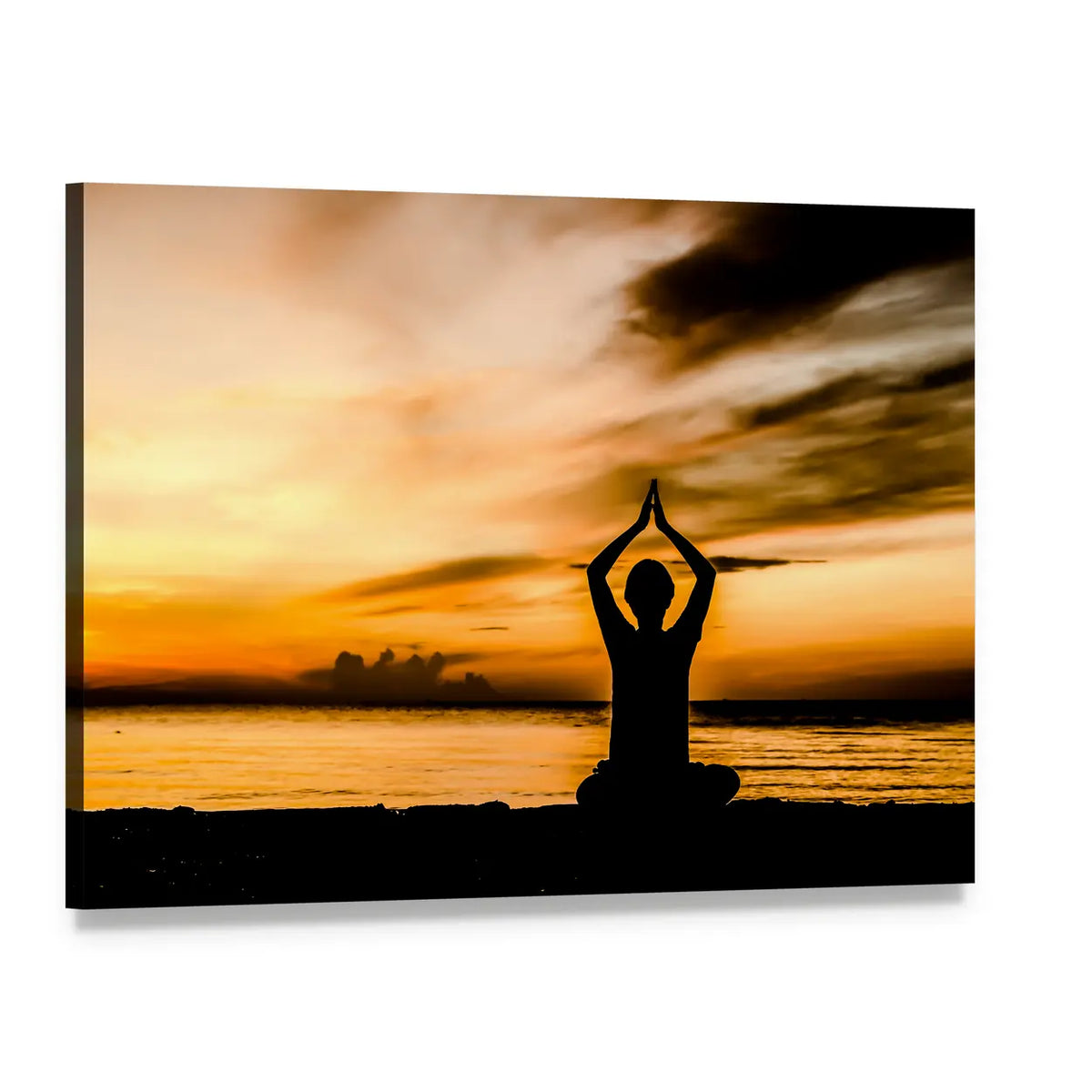 Seated Yoga Silhouette at Beach Sunset Canvas Wall Art, single panel gallery wrapped canvas, angled product view
