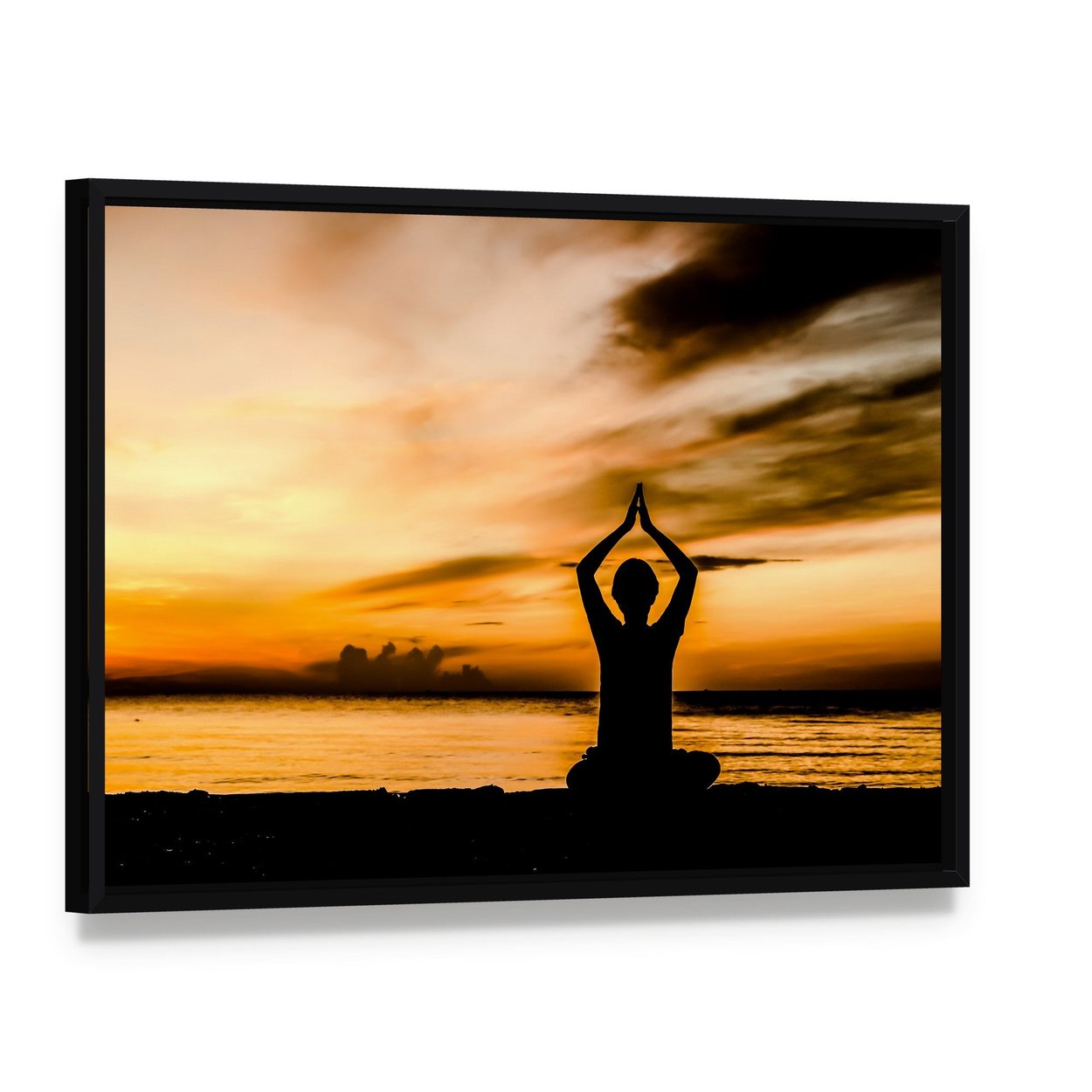Yoga Silhouette at Sunset Beach Canvas Wall Art, framed canvas in a black floater frame, angled product view