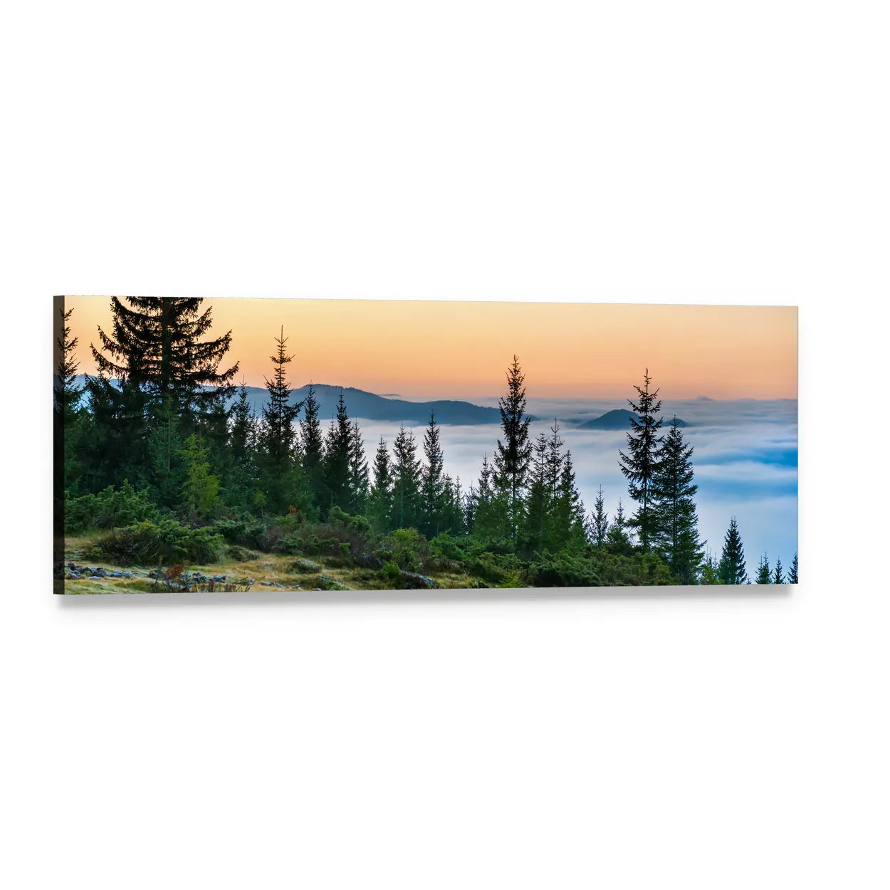 Dawn Forest Above a Sea of Clouds Panoramic Canvas Wall Art, single panel gallery wrapped canvas, angled product view