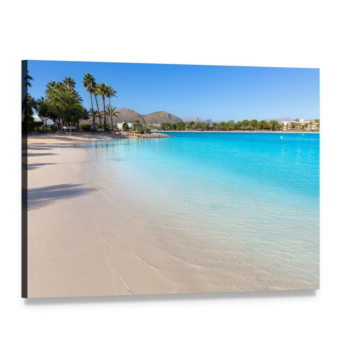 Turquoise Beach with Palm Trees Canvas Wall Art, single panel gallery wrapped canvas, angled product view