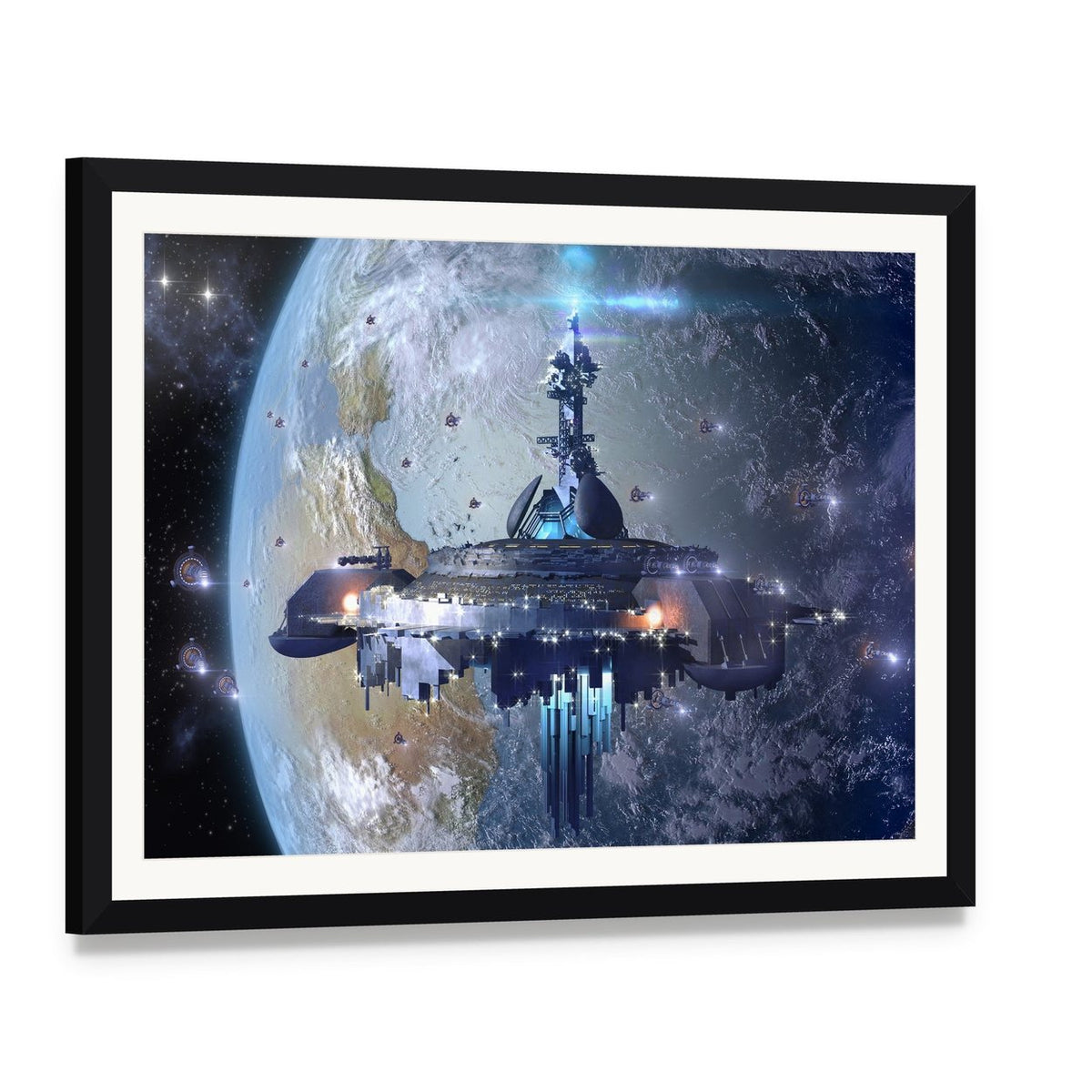Aliens Mothership Ufo Canvas Wall Art, framed print with white mat and black frame, angled product view