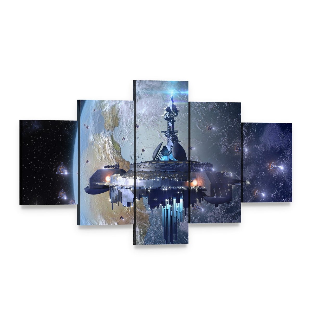 Aliens Mothership Ufo Canvas Wall Art, 5 panel 5 Star layout gallery wrapped canvas set, angled product view