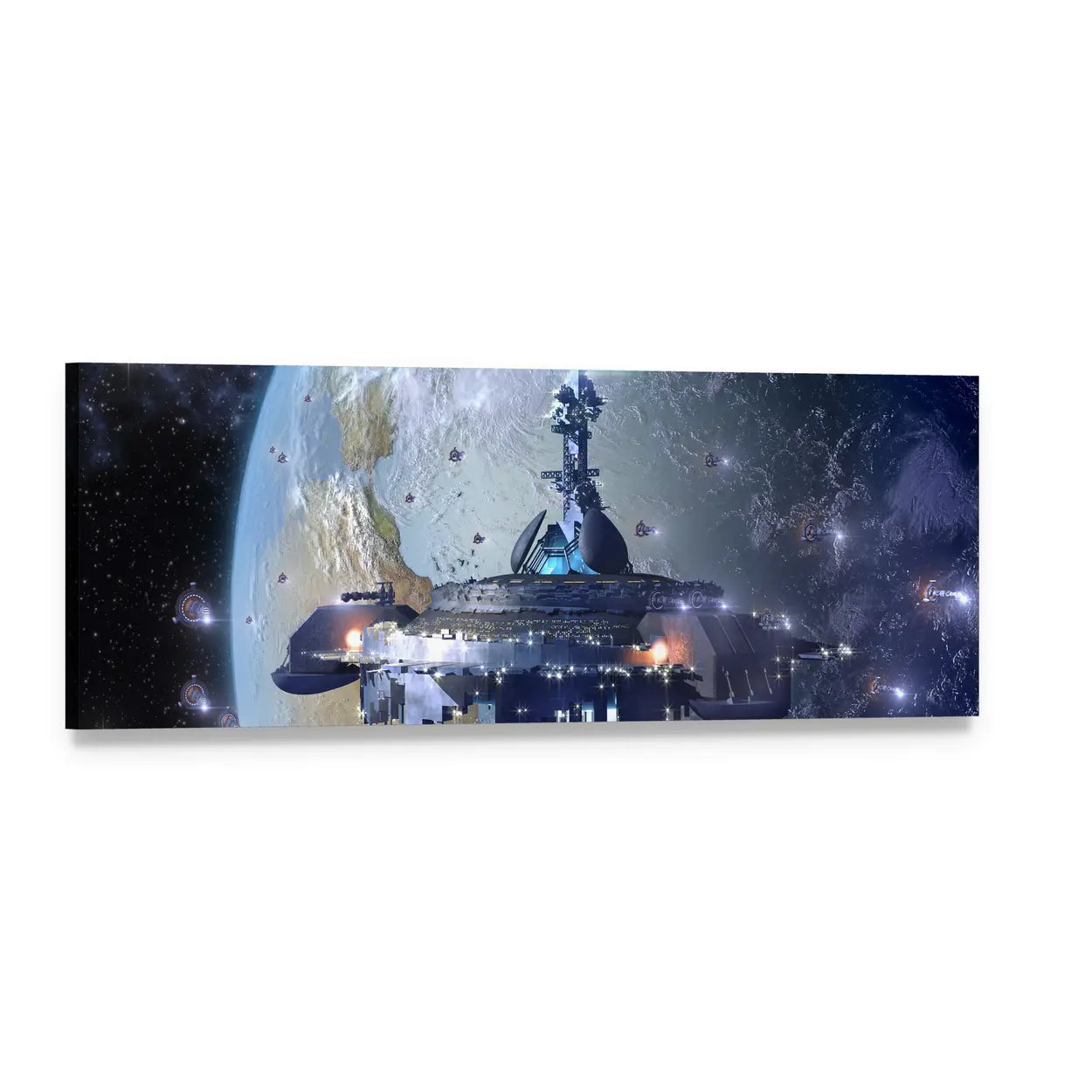 Alien Mothership Above Planet Panoramic Canvas Wall Art, single panel gallery wrapped canvas, angled product view