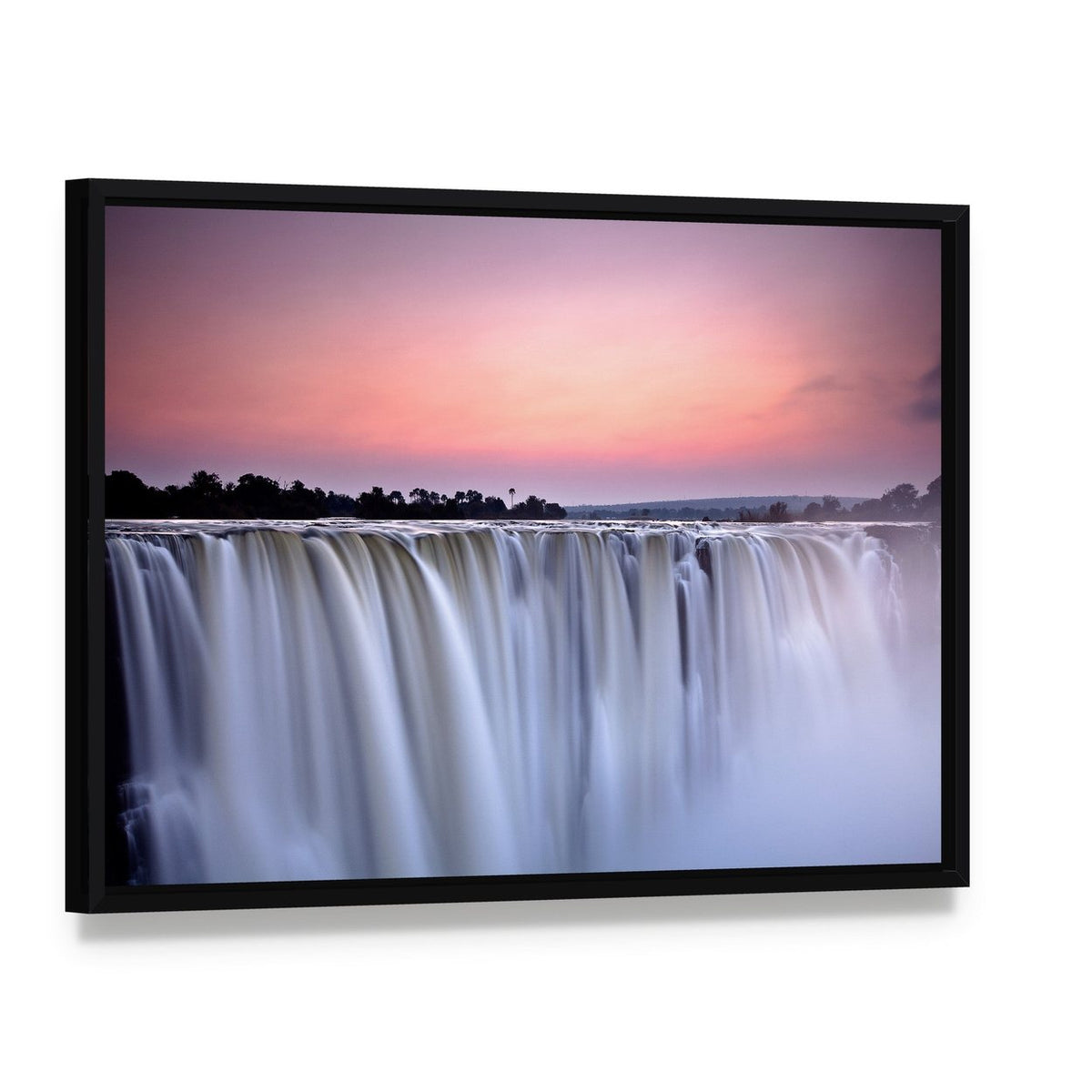 Victoria Falls Sunset Long Exposure Canvas Wall Art, framed canvas in a black floater frame, angled product view
