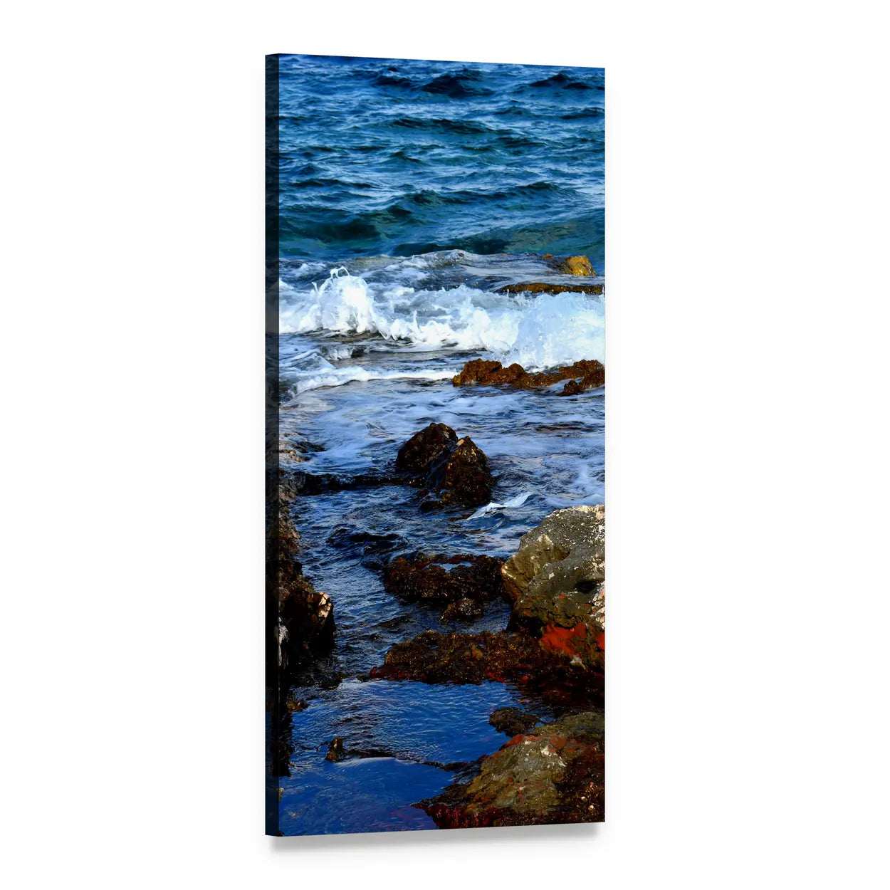 Blue Ocean Wave Crashing on Rocks Vertical Canvas Wall Art, 1 panel 1 Vertical layout gallery wrapped canvas set, angled product view