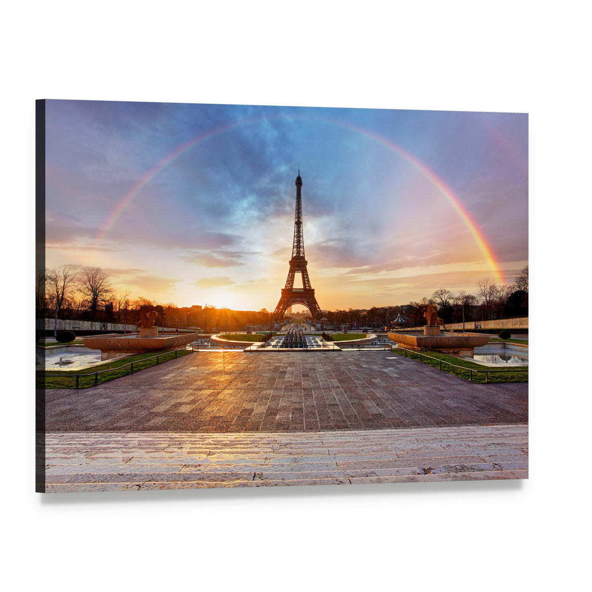 Rainbow Over Eiffel Tower Canvas Wall Art, single panel gallery wrapped canvas, angled product view