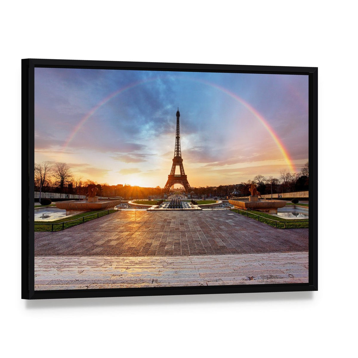 Rainbow Over Eiffel Tower Canvas Wall Art, framed canvas in a black floater frame, angled product view