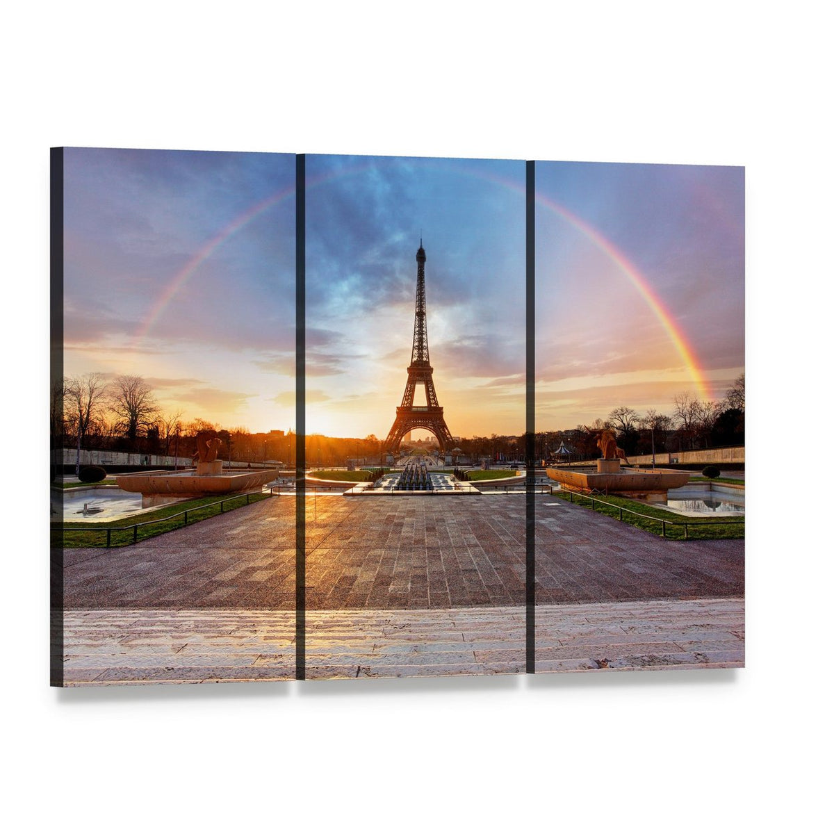 Rainbow Over Eiffel Tower Canvas Wall Art, 3 panel 3 Horizontal layout gallery wrapped canvas set, angled product view