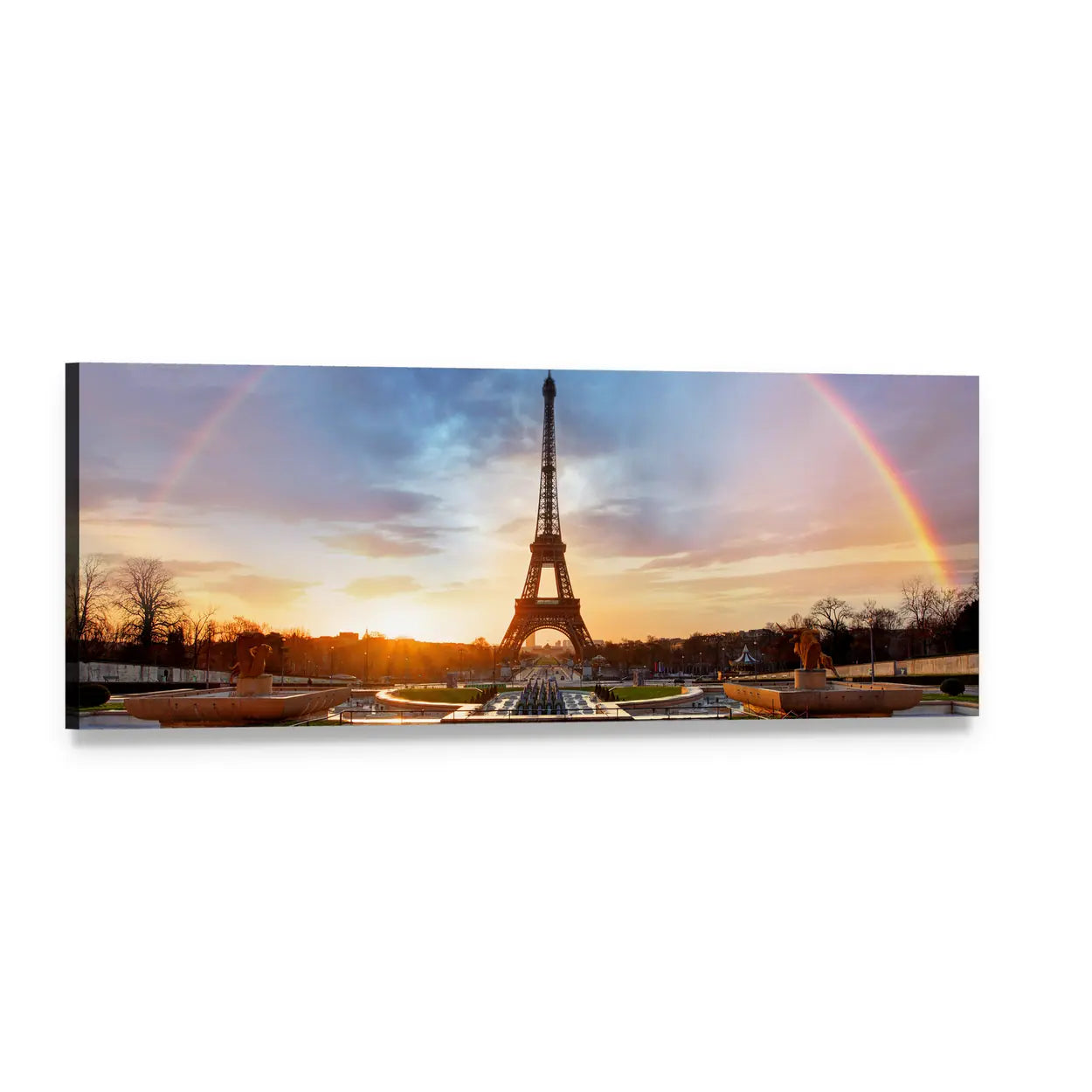 Rainbow Over Eiffel Tower at Sunset Panoramic Canvas Wall Art, single panel gallery wrapped canvas, angled product view