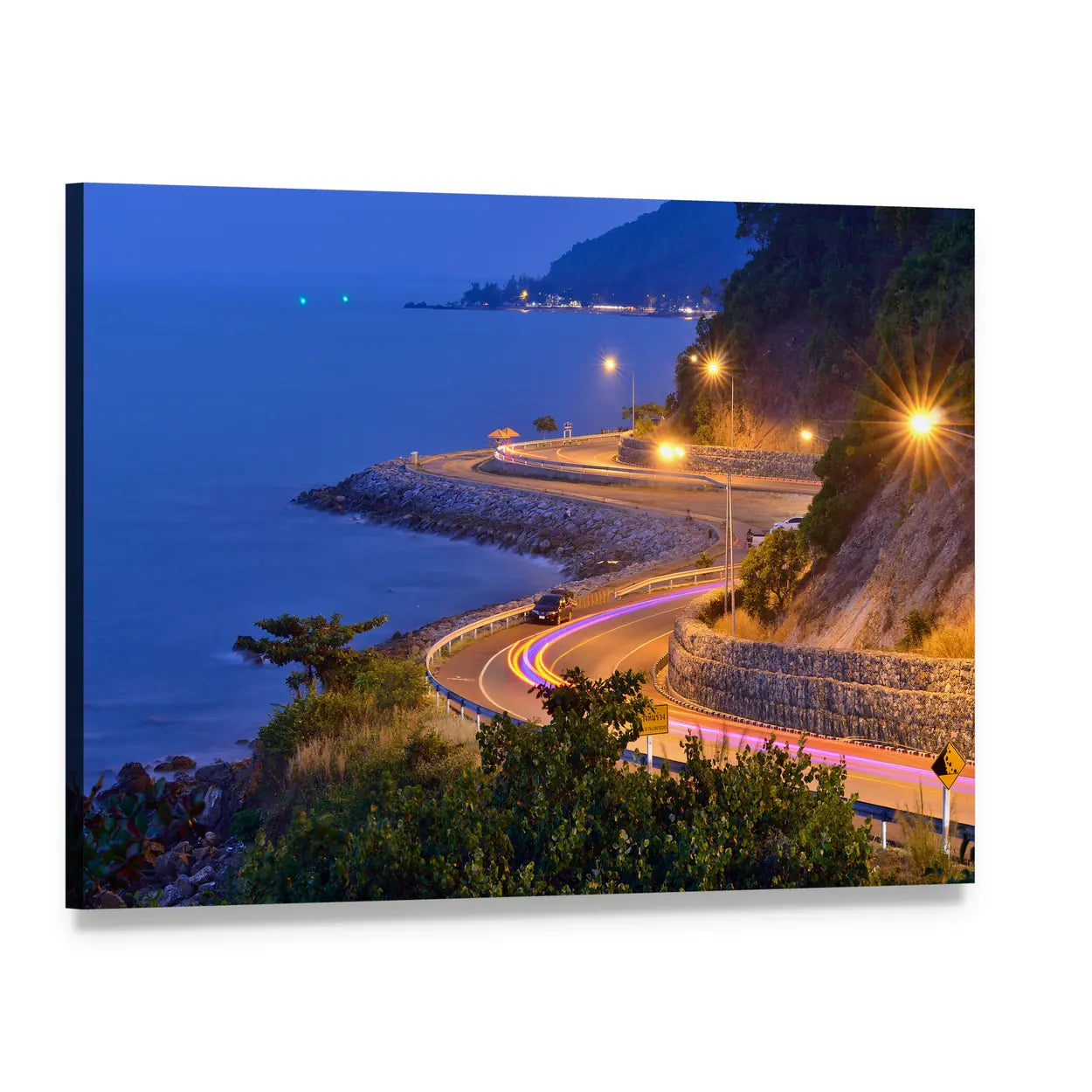 Twilight Coastal Road Beside Sea and Mountain Canvas Wall Art, single panel gallery wrapped canvas, angled product view