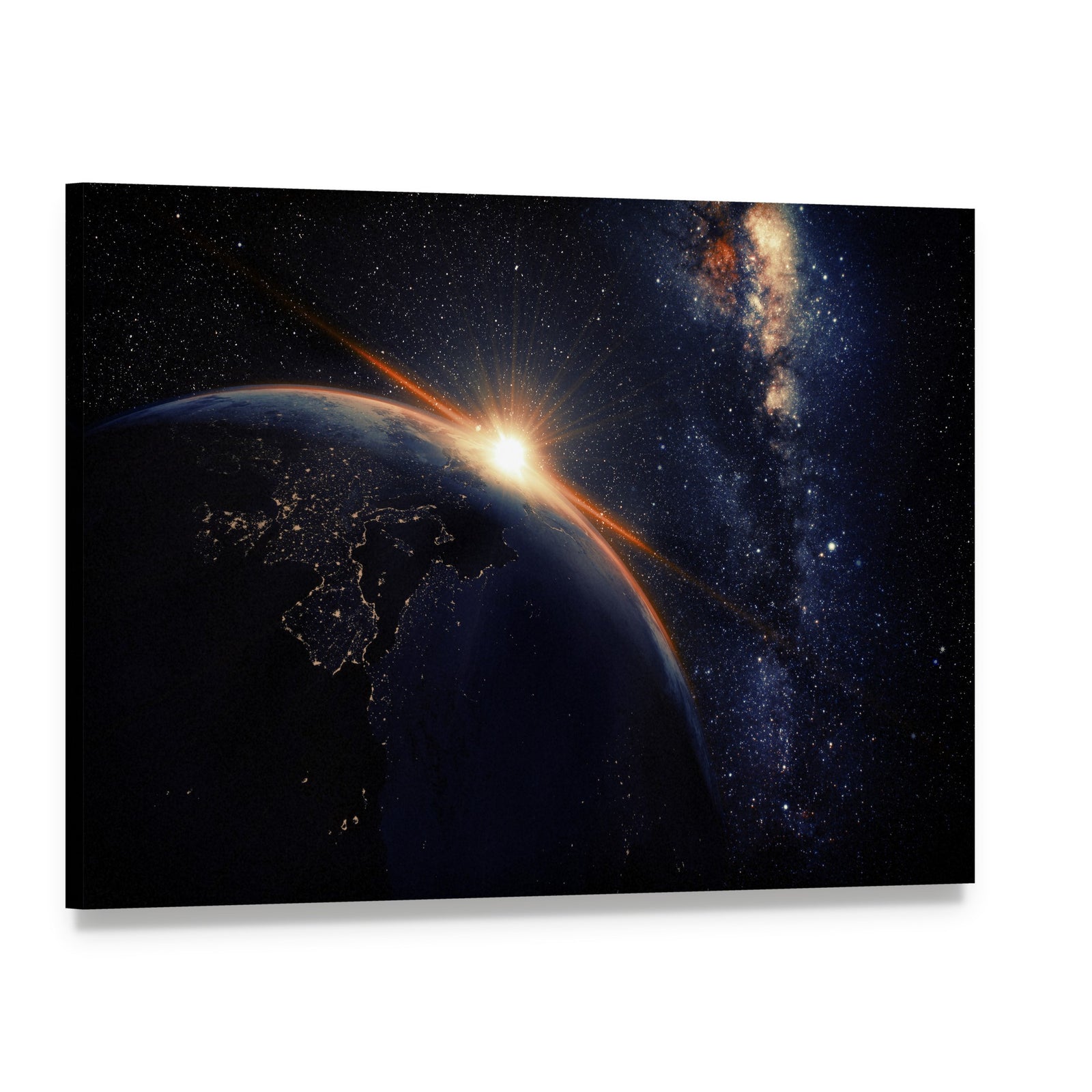 Sunset on Planet Earth at Night Canvas Wall Art, single panel gallery wrapped canvas, angled product view