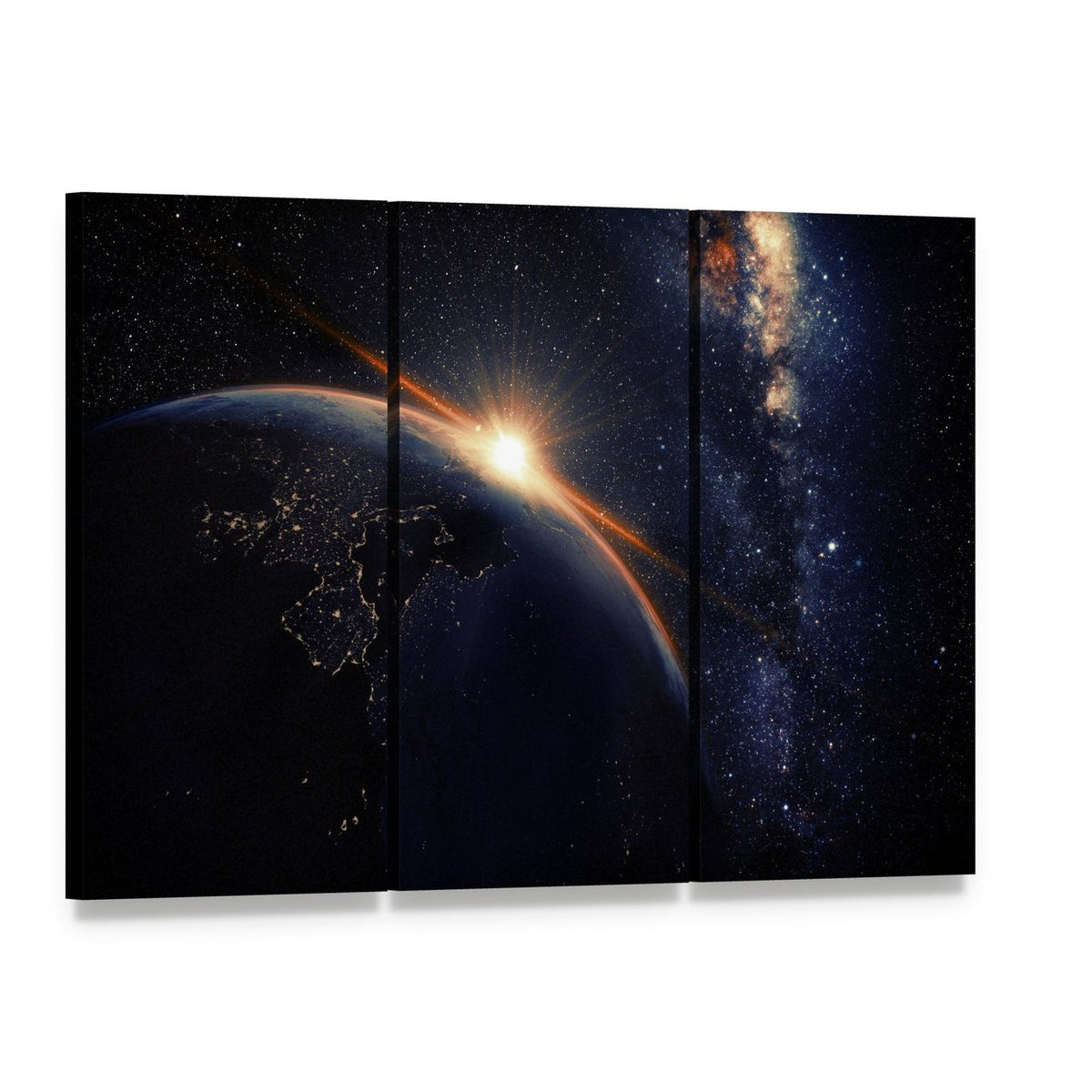 Sunset on Planet Earth at Night Canvas Wall Art, 3 panel 3 Horizontal layout gallery wrapped canvas set, angled product view