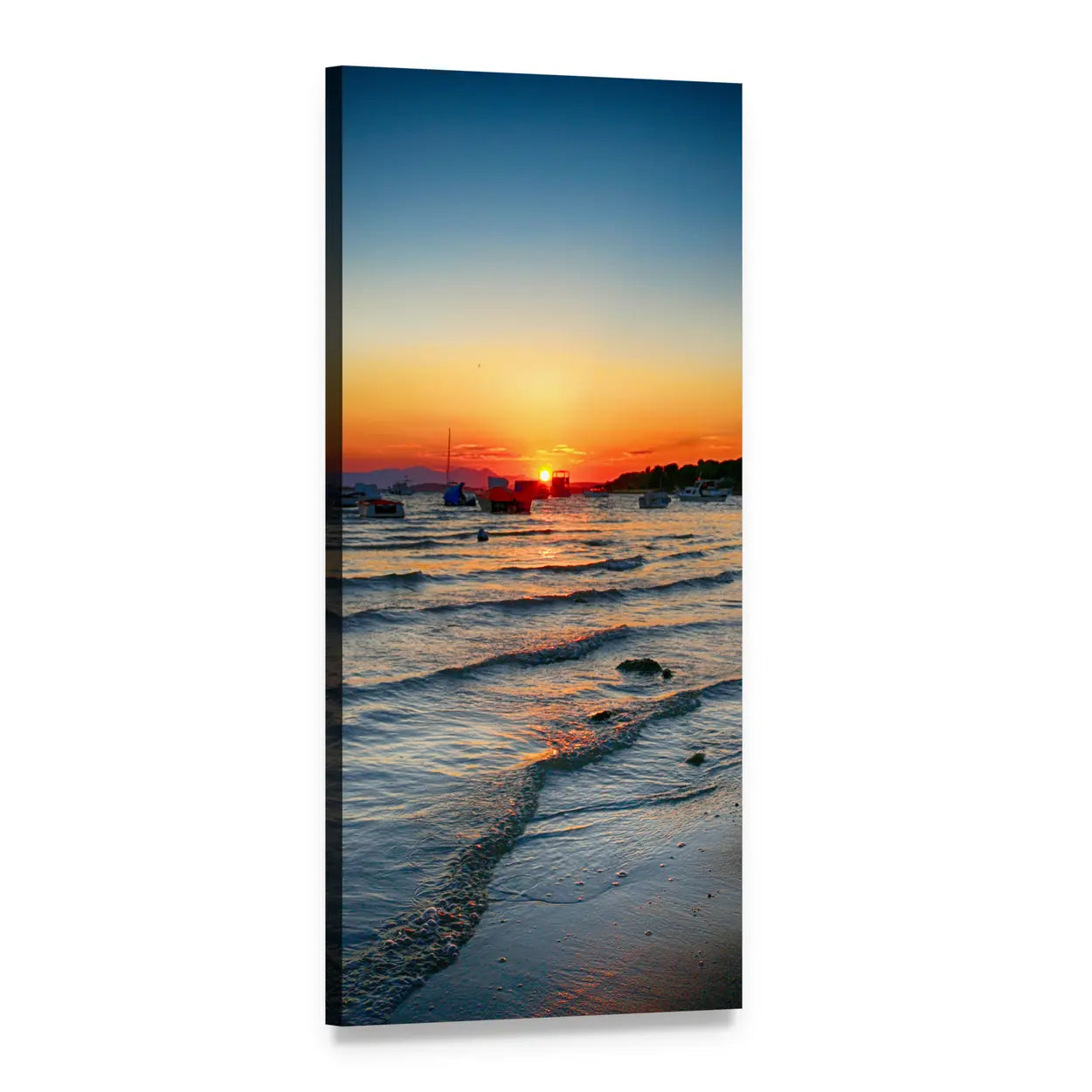 Sunset Over the Sea with Boat Silhouettes Vertical Canvas Wall Art, 1 panel 1 Vertical layout gallery wrapped canvas set, angled product view