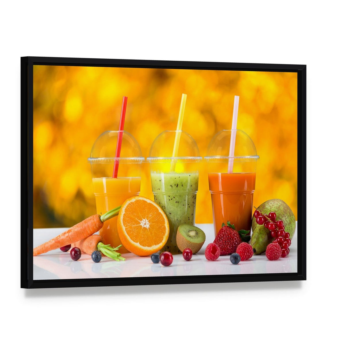Fresh Juice Mix Fruit Canvas Wall Art, framed canvas in a black floater frame, angled product view