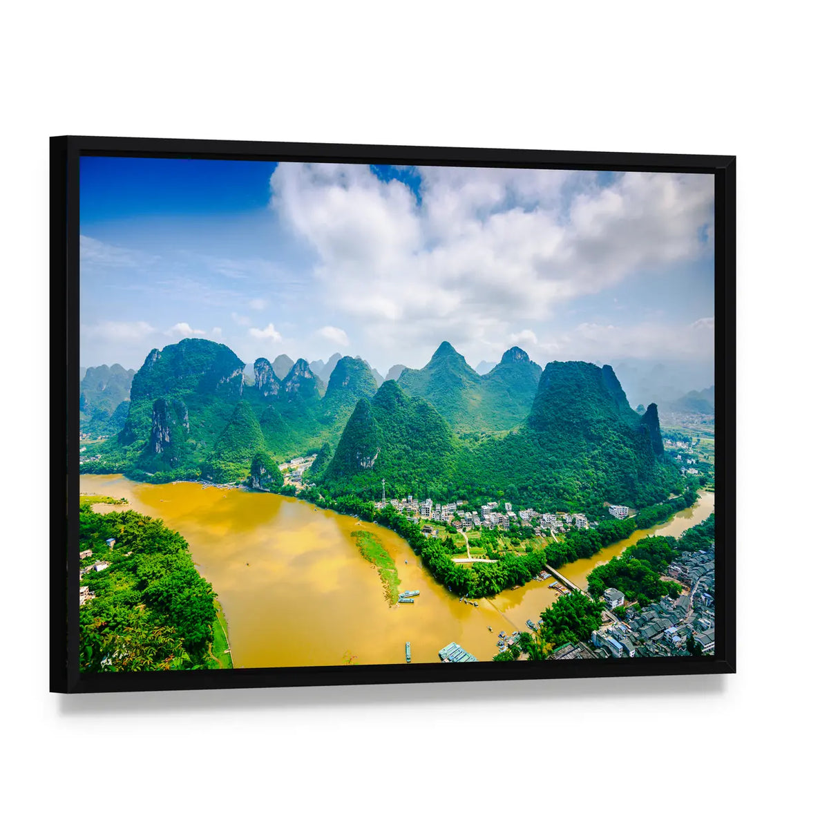 Li River in Rural Guilin Canvas Wall Art, framed canvas in a black floater frame, angled product view