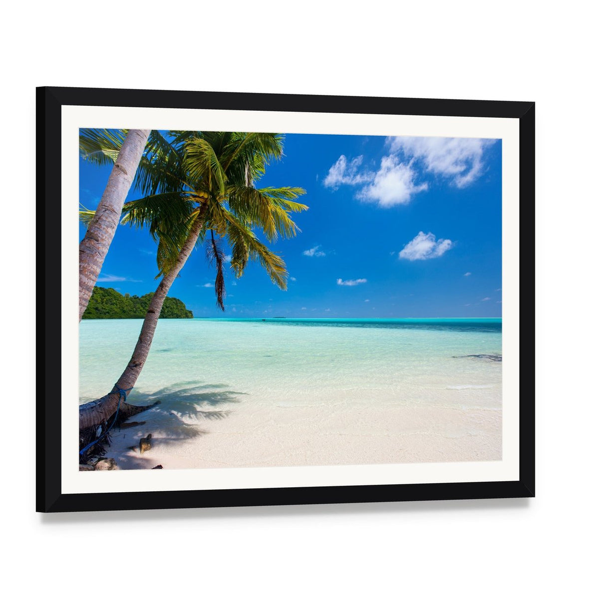 Tropical Beach with Palm Trees at Palau Canvas Wall Art, framed print with white mat and black frame, angled product view