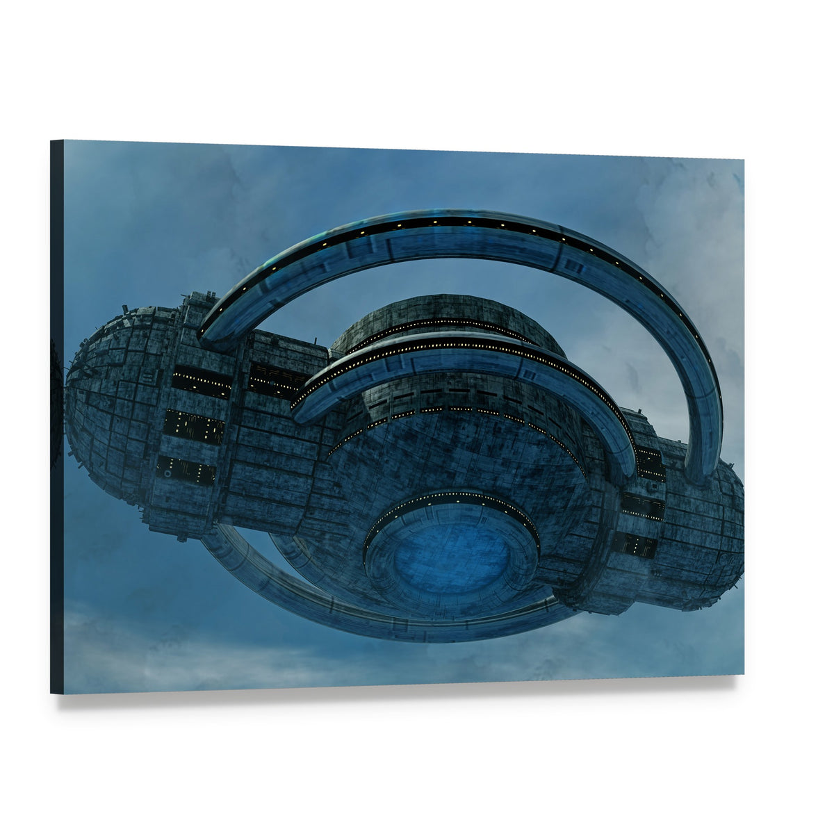 Alien Ship with Glowing Blue Core Canvas Wall Art, single panel gallery wrapped canvas, angled product view