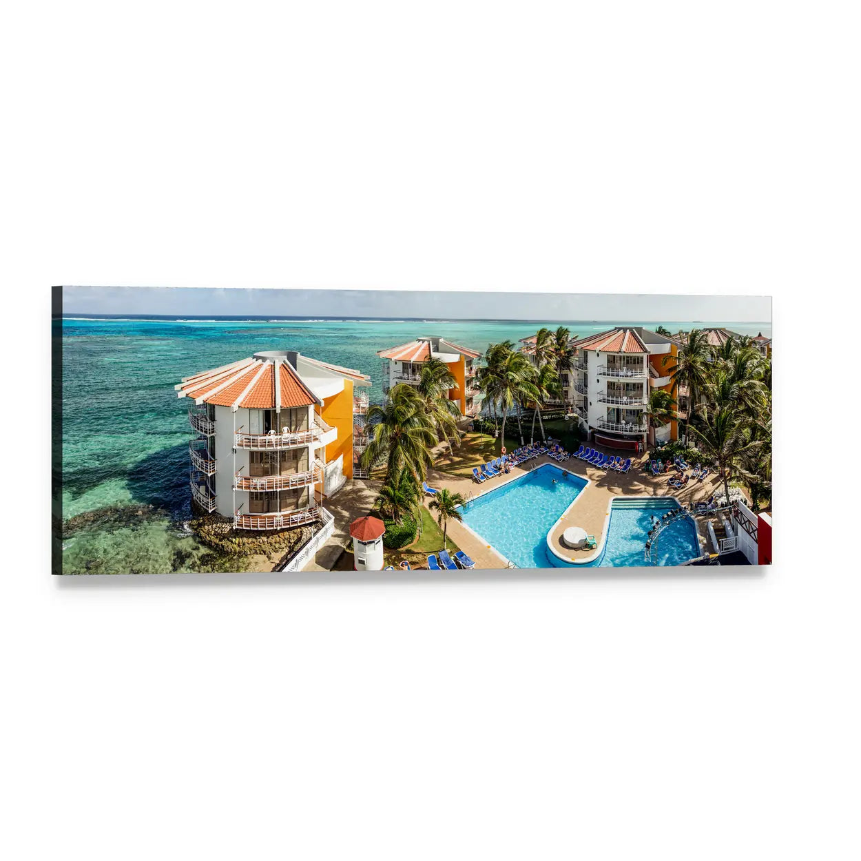 San Andres Island Resort Poolside View Panoramic Canvas Wall Art, single panel gallery wrapped canvas, angled product view