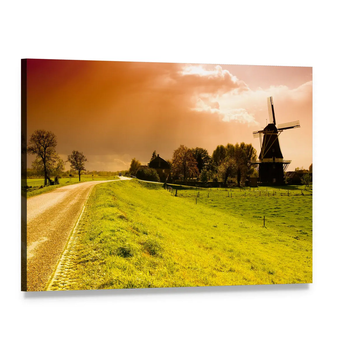 Sunset Windmill Over Gravel Road Canvas Wall Art, single panel gallery wrapped canvas, angled product view