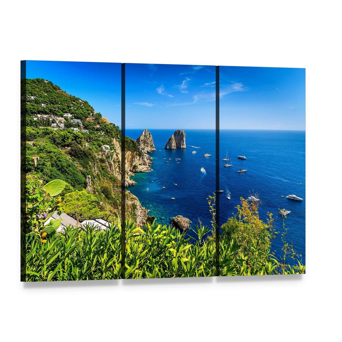 Faraglioni Cliffs Canvas Wall Art, 3 panel 3 Horizontal layout gallery wrapped canvas set, angled product view