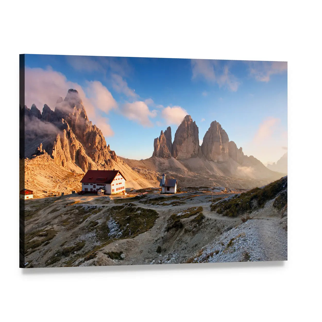 Dolomites Mountain View Canvas Wall Art, single panel gallery wrapped canvas, angled product view