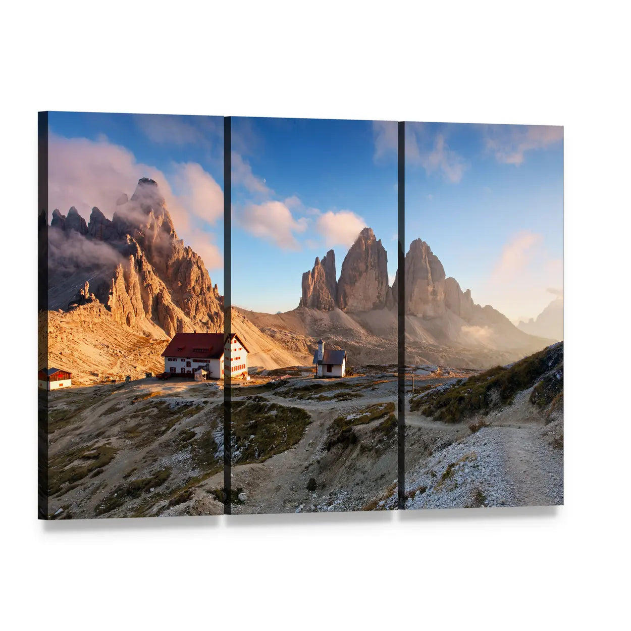 Dolomites Mountain View Canvas Wall Art, 3 panel 3 Horizontal layout gallery wrapped canvas set, angled product view