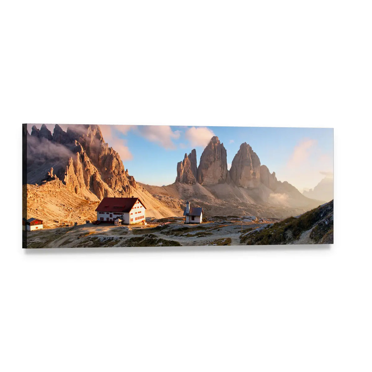 Dolomites Three Jagged Peaks at Sunrise Panoramic Canvas Wall Art, single panel gallery wrapped canvas, angled product view