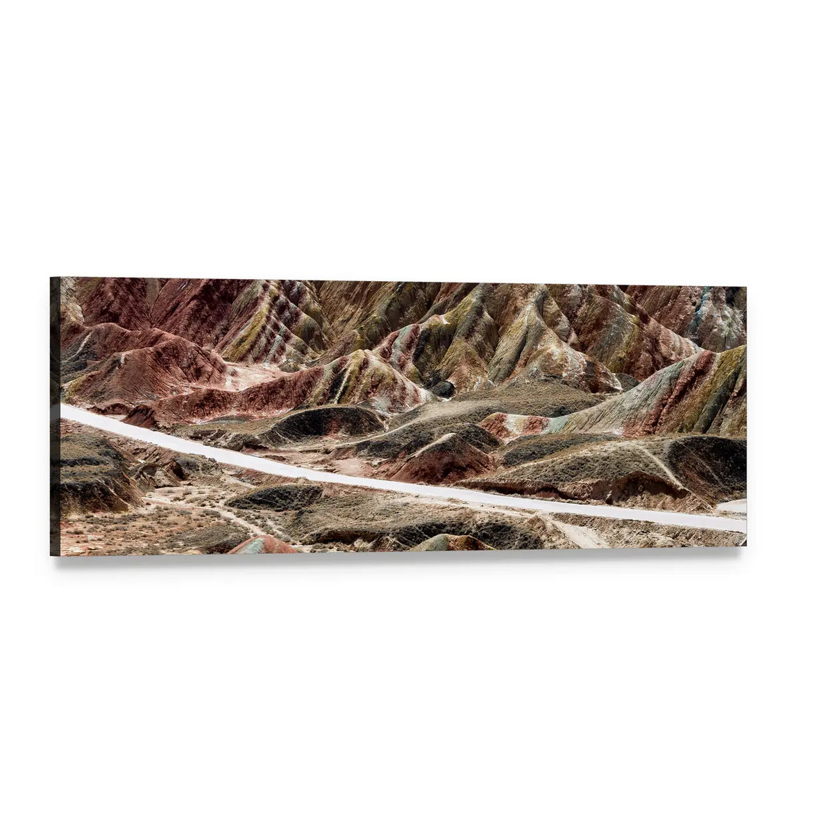 Zhangye Colorful Mountains and White Road Panoramic Canvas Wall Art, single panel gallery wrapped canvas, angled product view