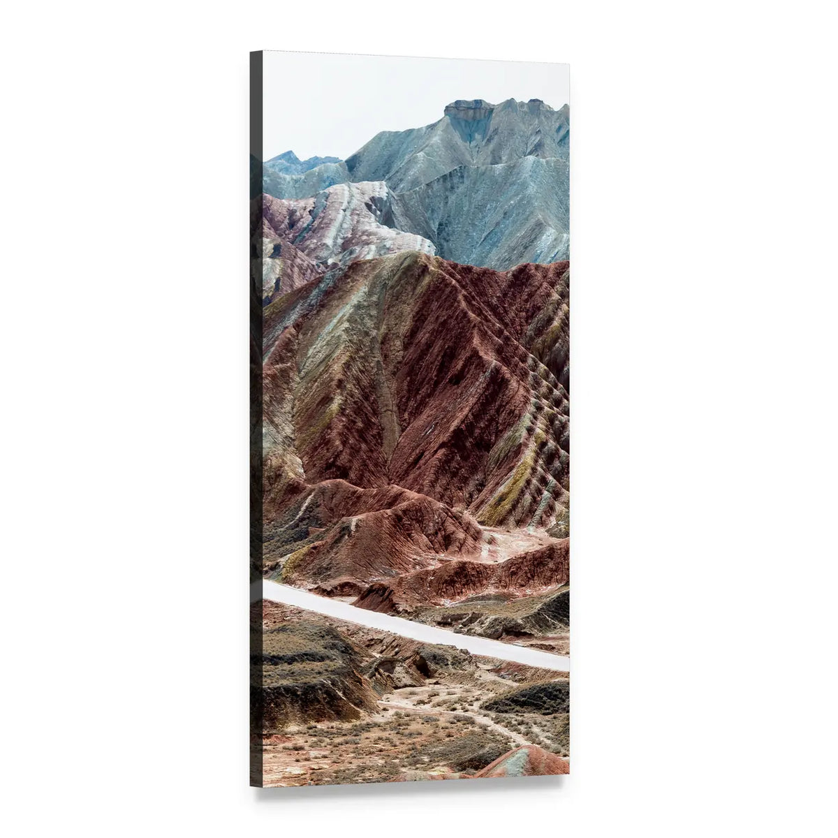 Striated Mountain Range with Winding Road Vertical Canvas Wall Art, 1 panel 1 Vertical layout gallery wrapped canvas set, angled product view