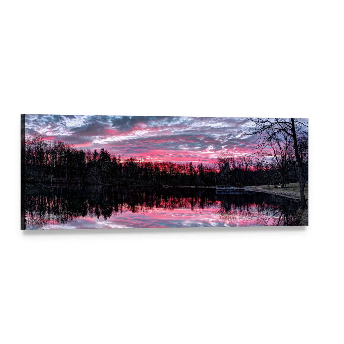 Winter Sunset Over Small Pond Panoramic Canvas Wall Art, single panel gallery wrapped canvas, angled product view