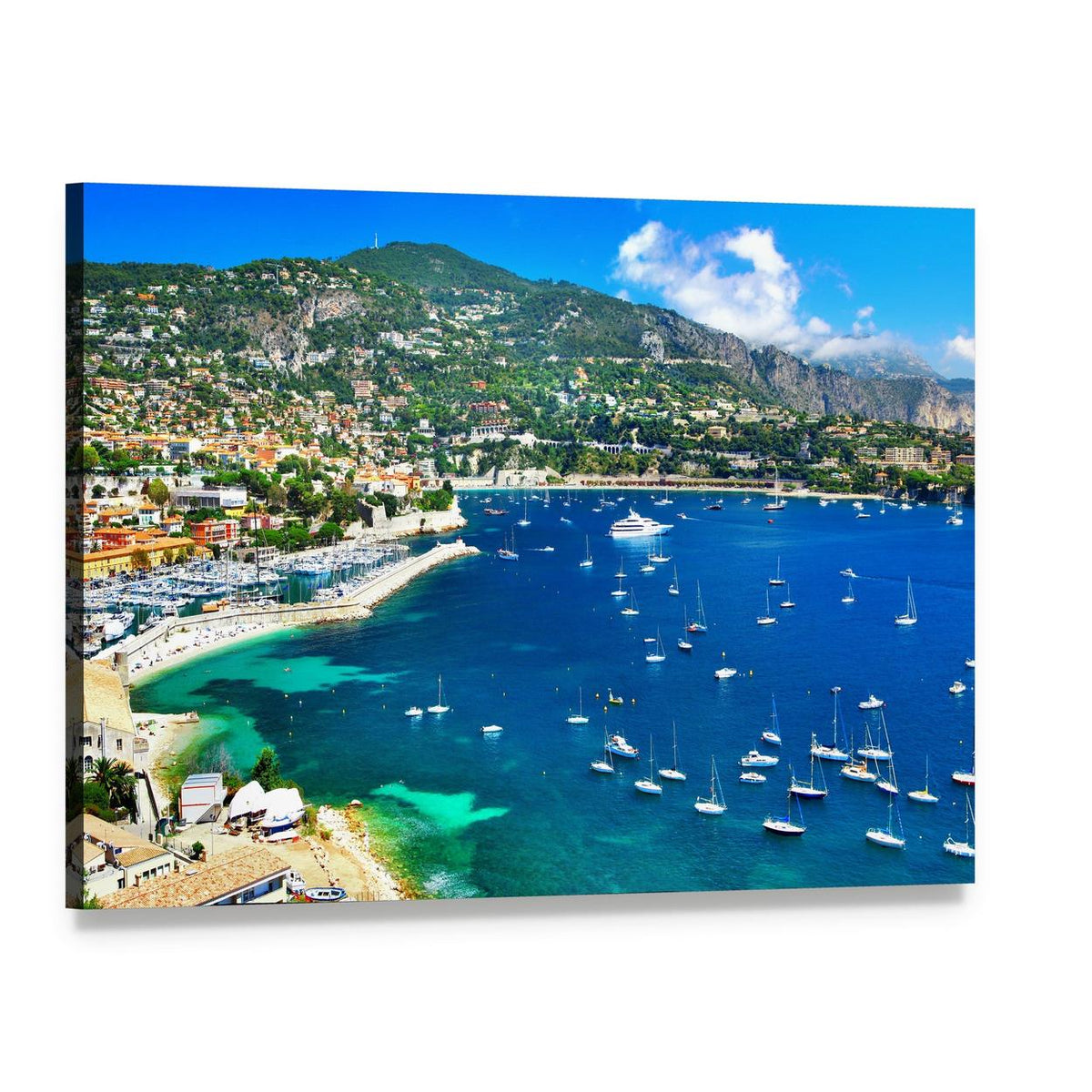 Azure French Coast with Sailboats Canvas Wall Art, single panel gallery wrapped canvas, angled product view